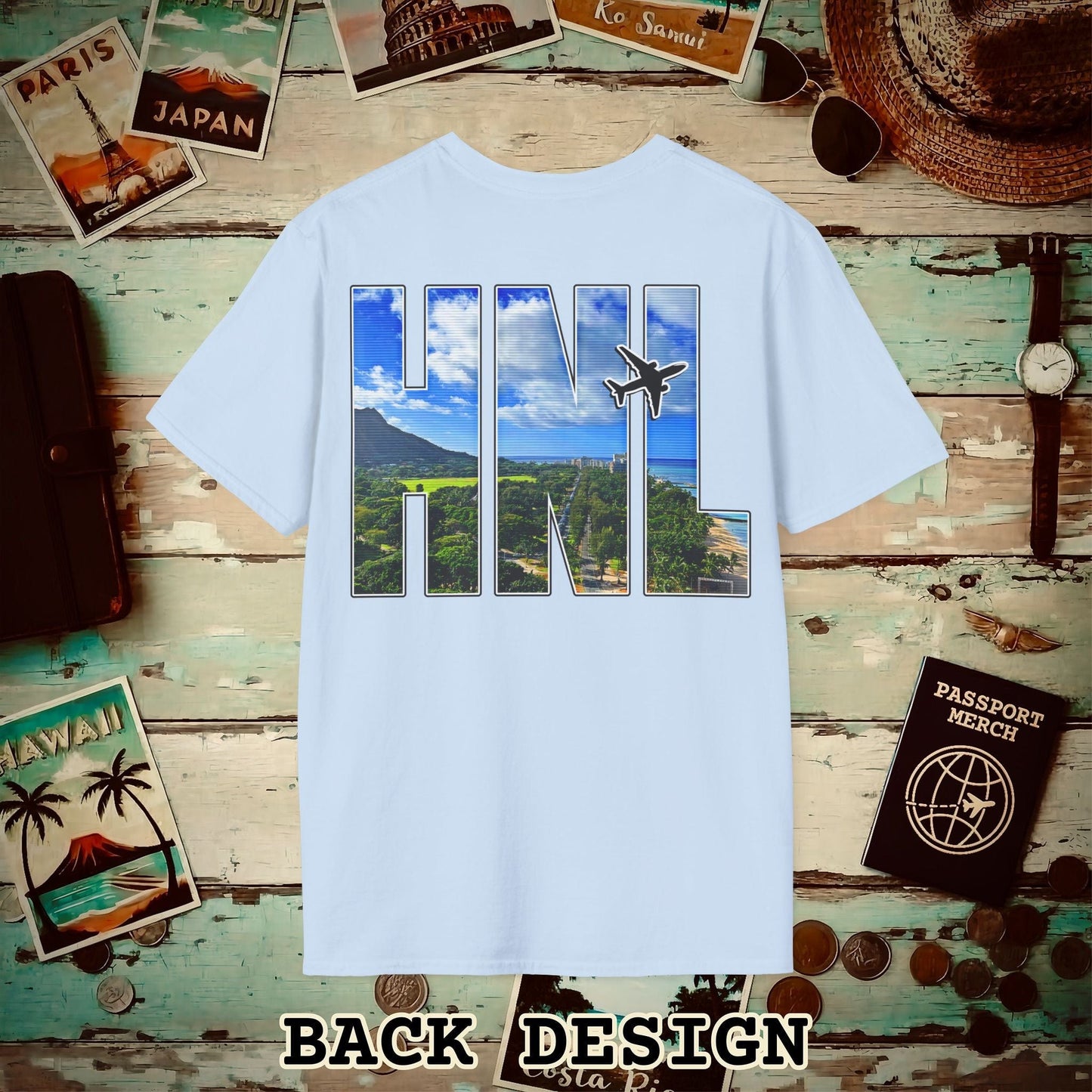 Airport Window Honolulu Oahu Hawaii HNL Back Print T-Shirt Light Blue / S