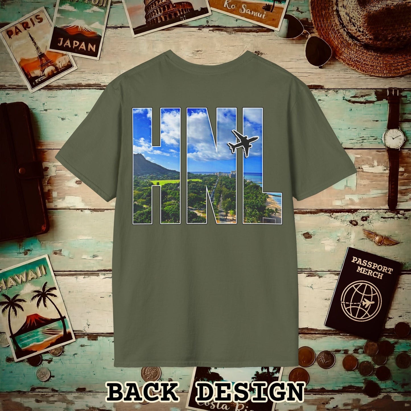 Airport Window Honolulu Oahu Hawaii HNL Back Print T-Shirt Military Green / S