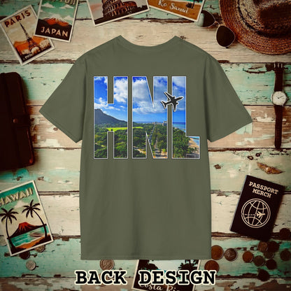 Airport Window Honolulu Oahu Hawaii HNL Back Print T-Shirt Military Green / S