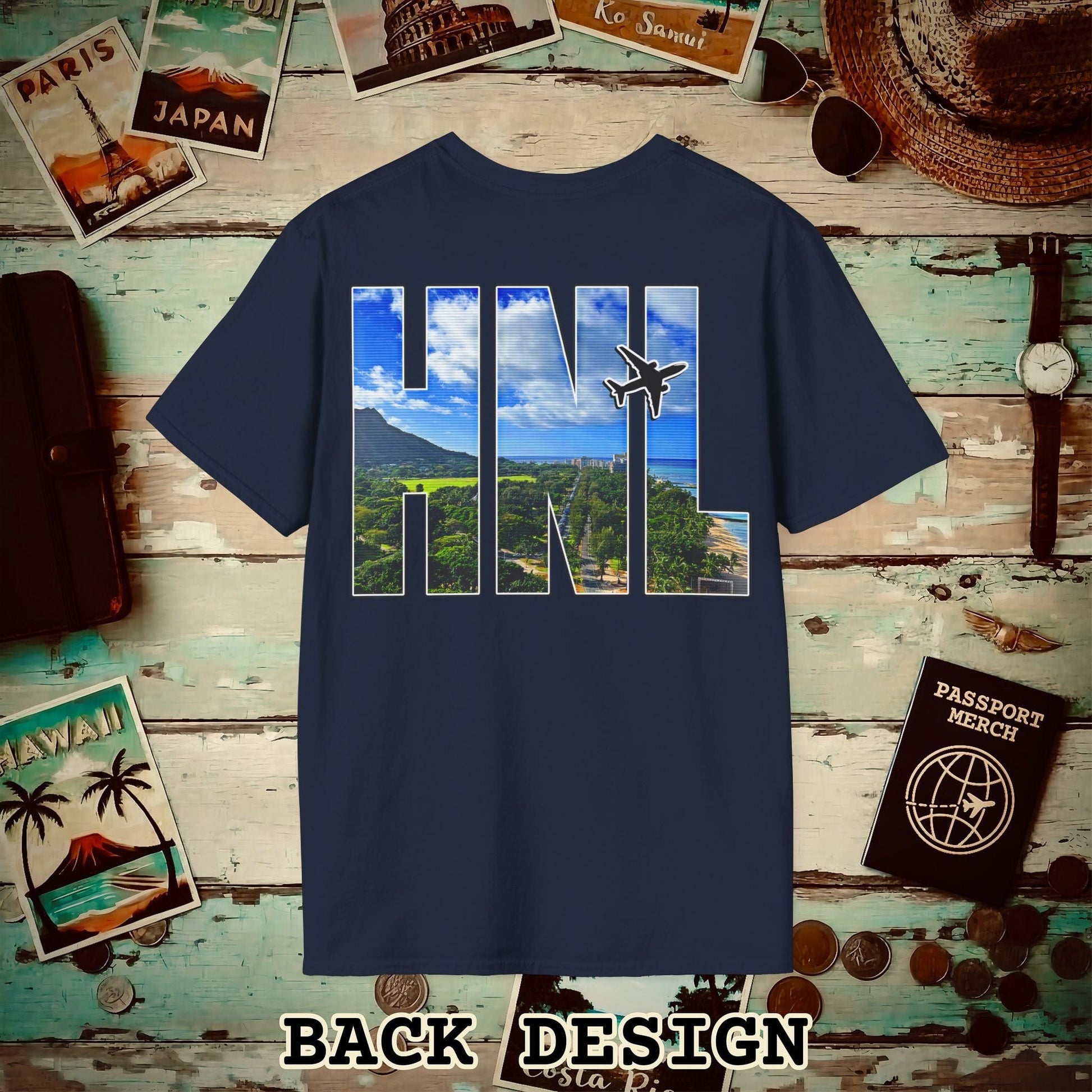 Airport Window Honolulu Oahu Hawaii HNL Back Print T-Shirt Navy / S