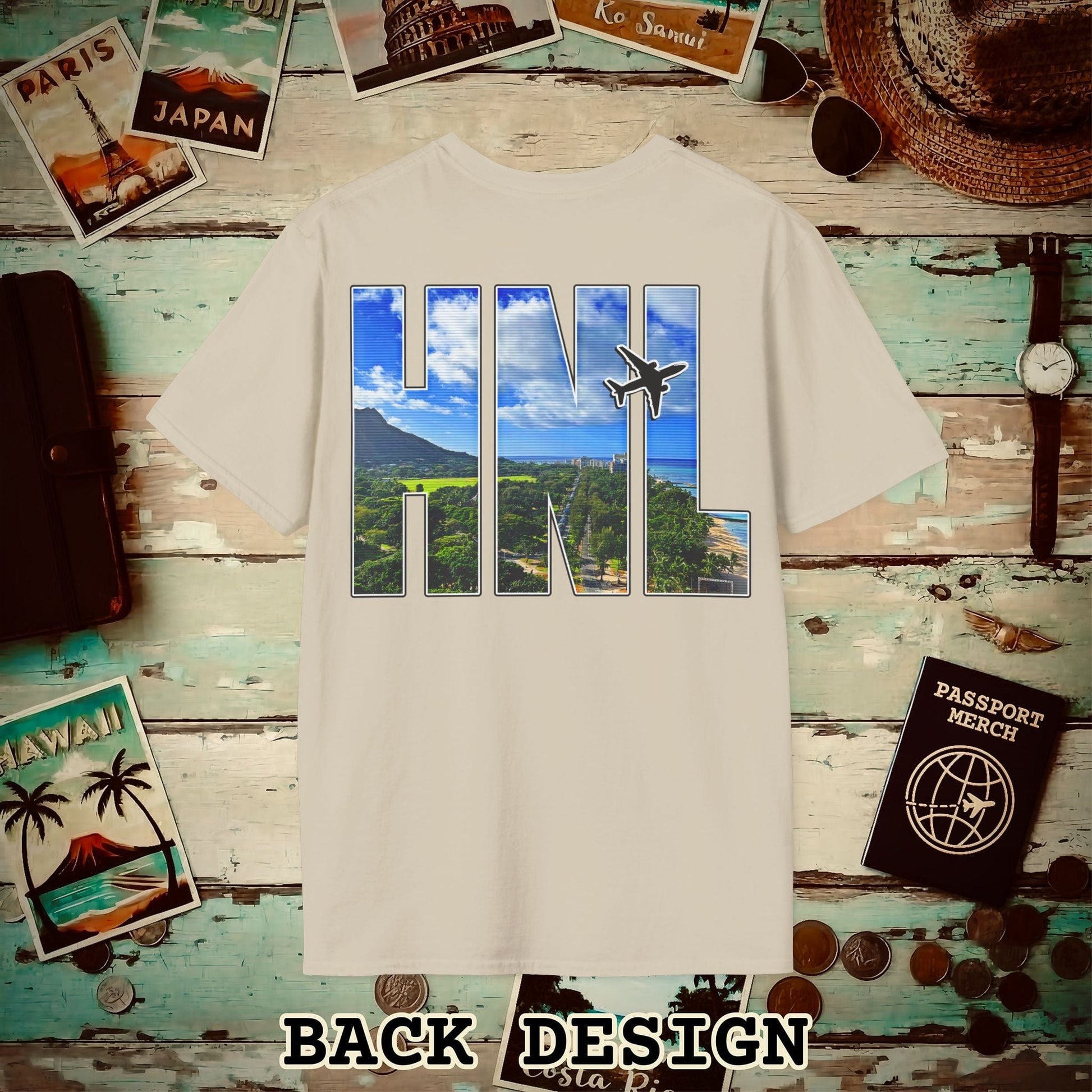 Airport Window Honolulu Oahu Hawaii HNL Back Print T-Shirt Sand / S