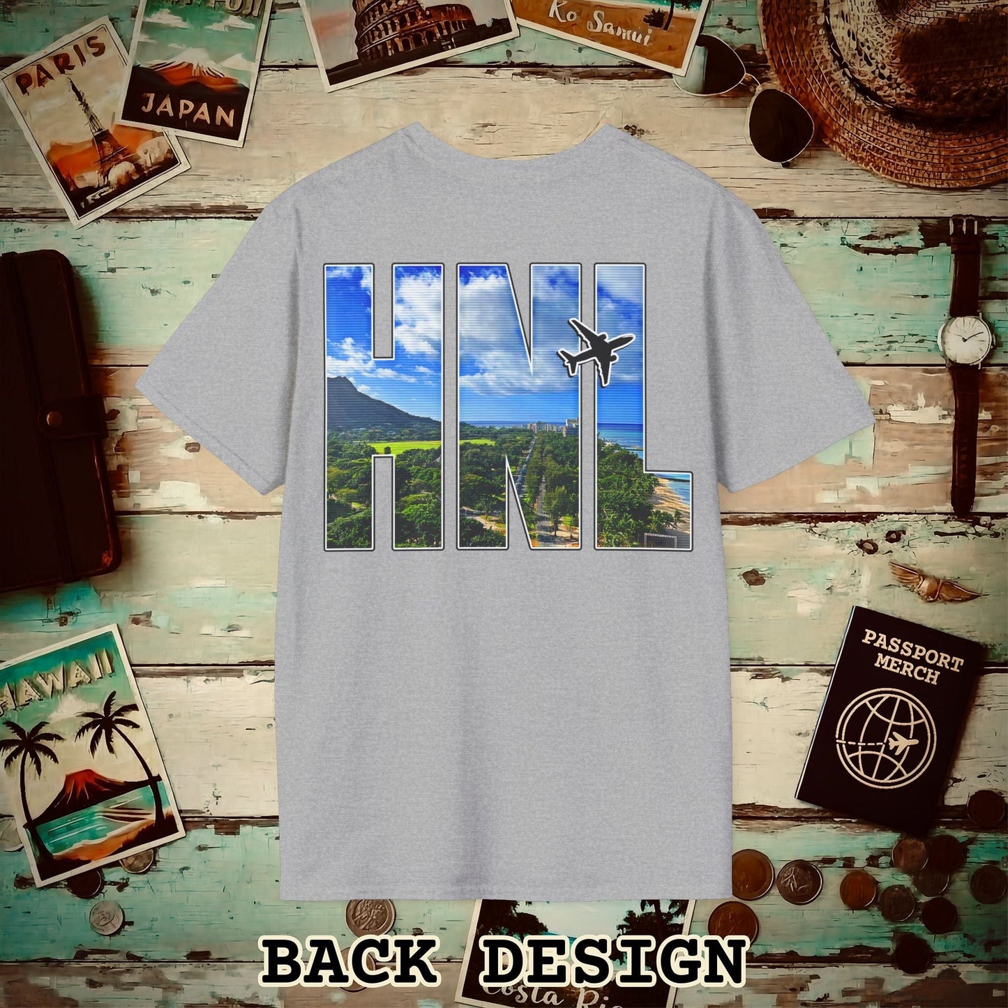 Airport Window Honolulu Oahu Hawaii HNL Back Print T-Shirt Sport Grey / S