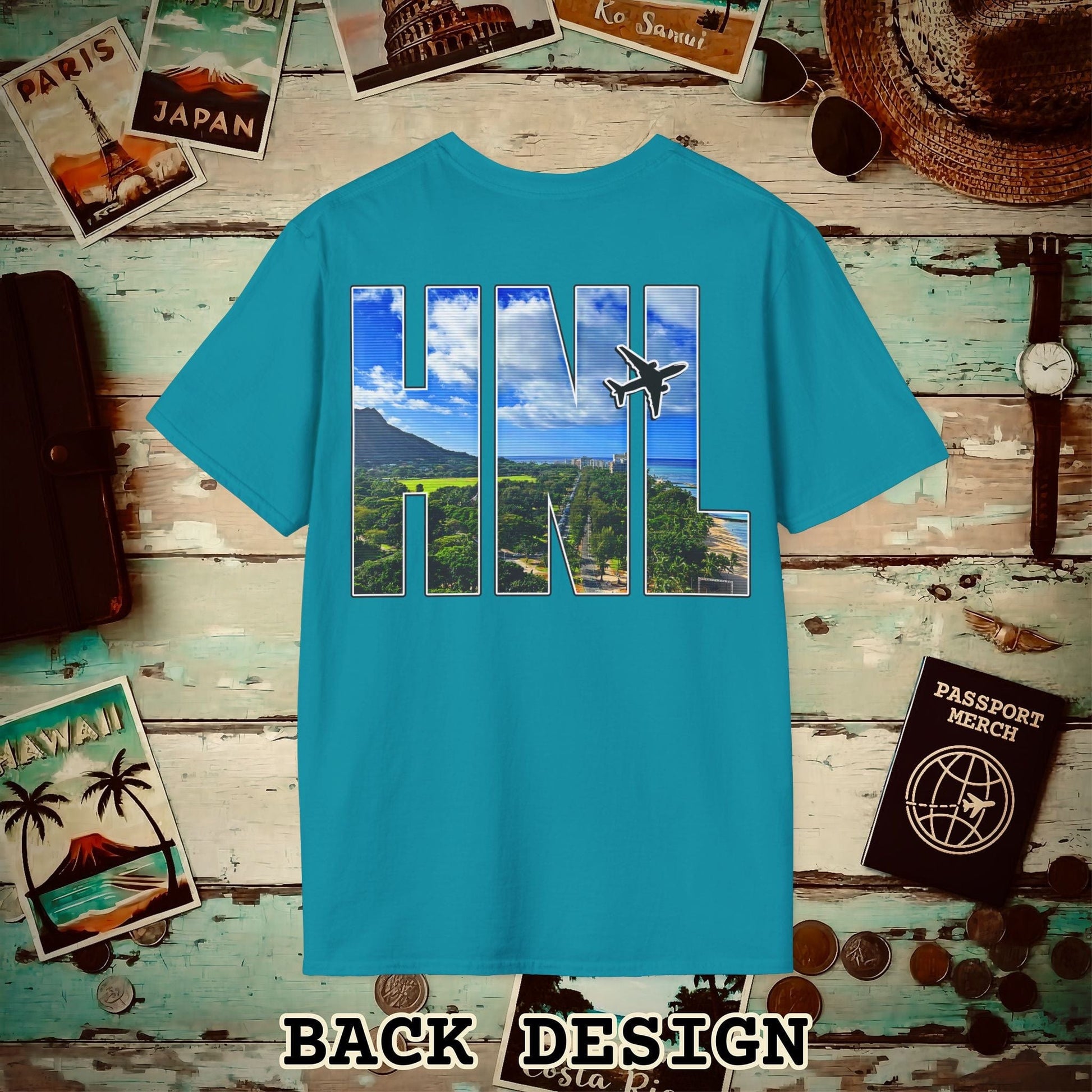 Airport Window Honolulu Oahu Hawaii HNL Back Print T-Shirt Tropical Blue / S