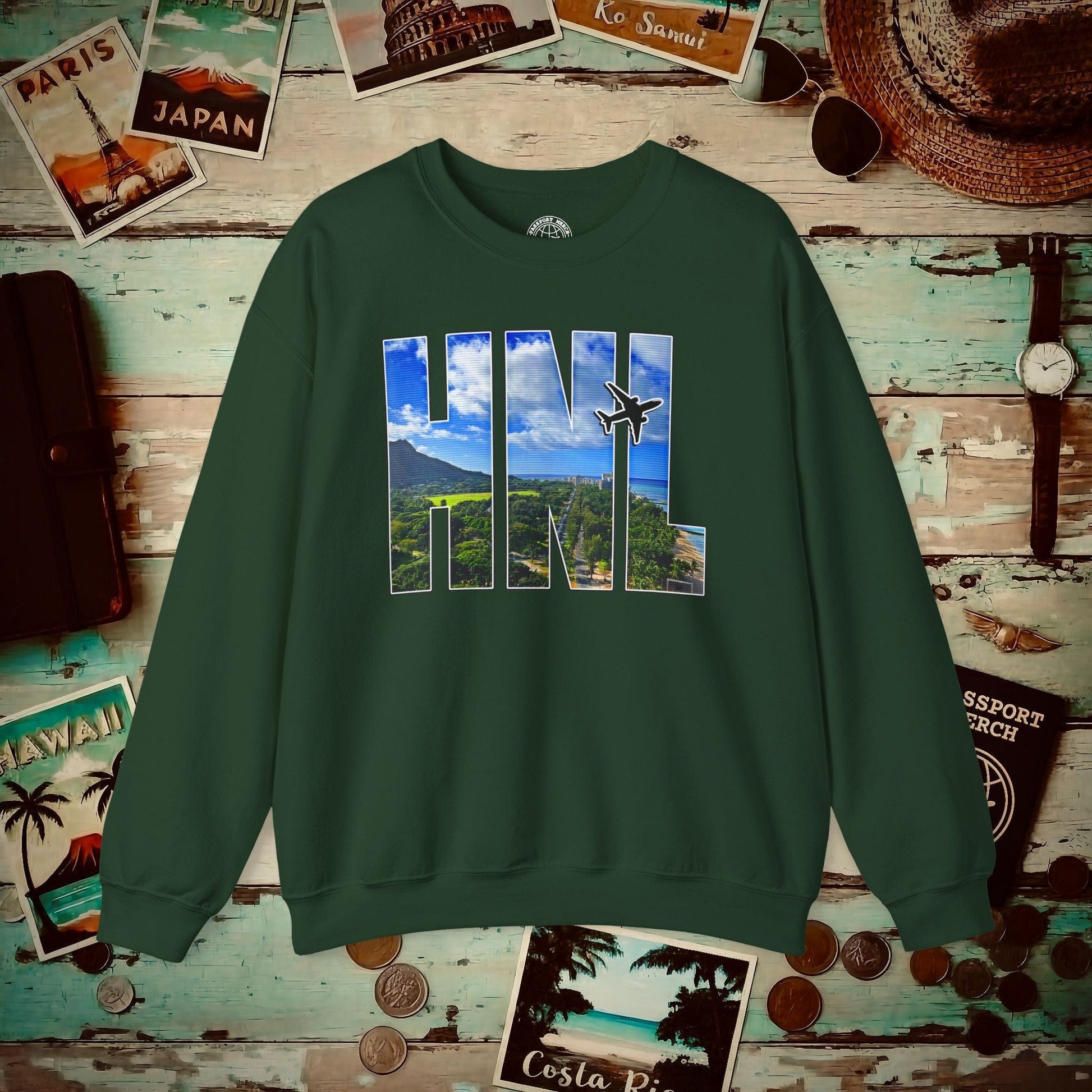 Airport Window Honolulu Oahu Hawaii HNL Crewneck Forest Green / S