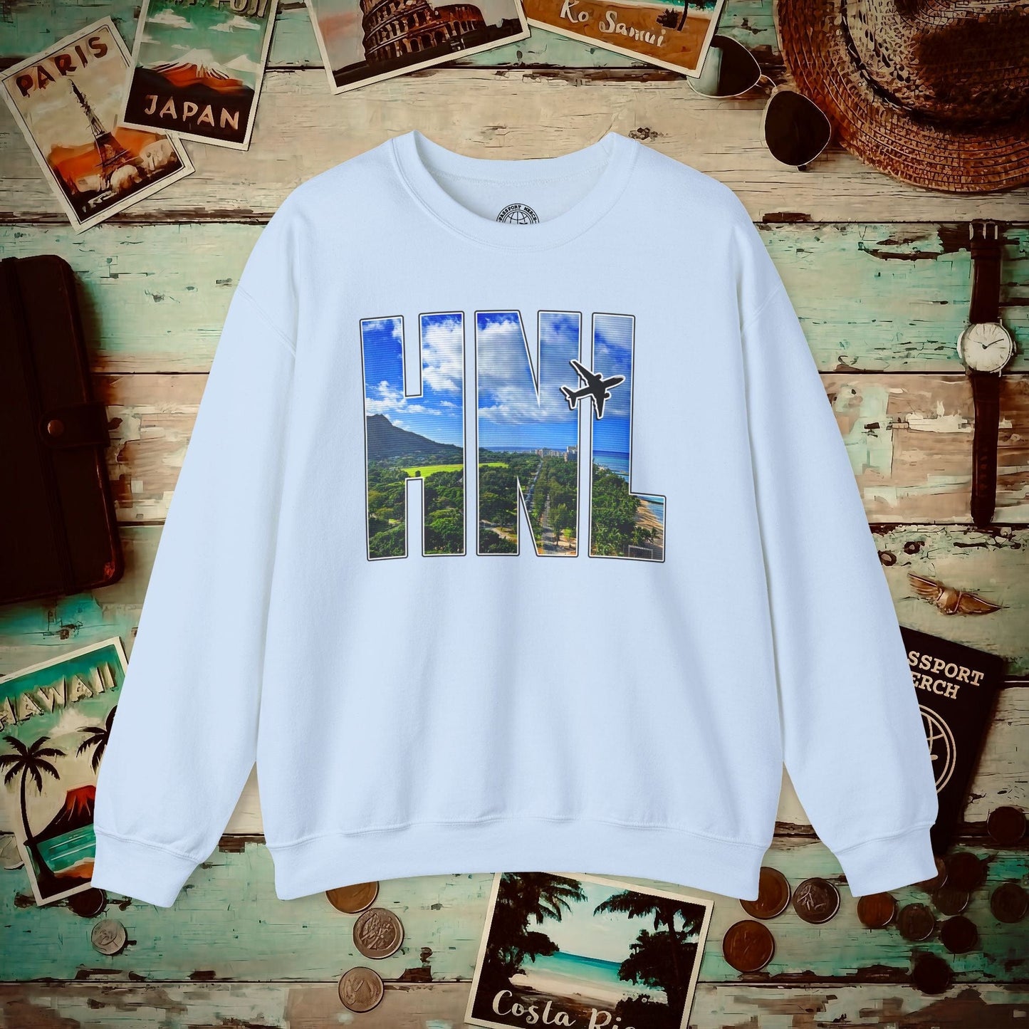 Airport Window Honolulu Oahu Hawaii HNL Crewneck Light Blue / S