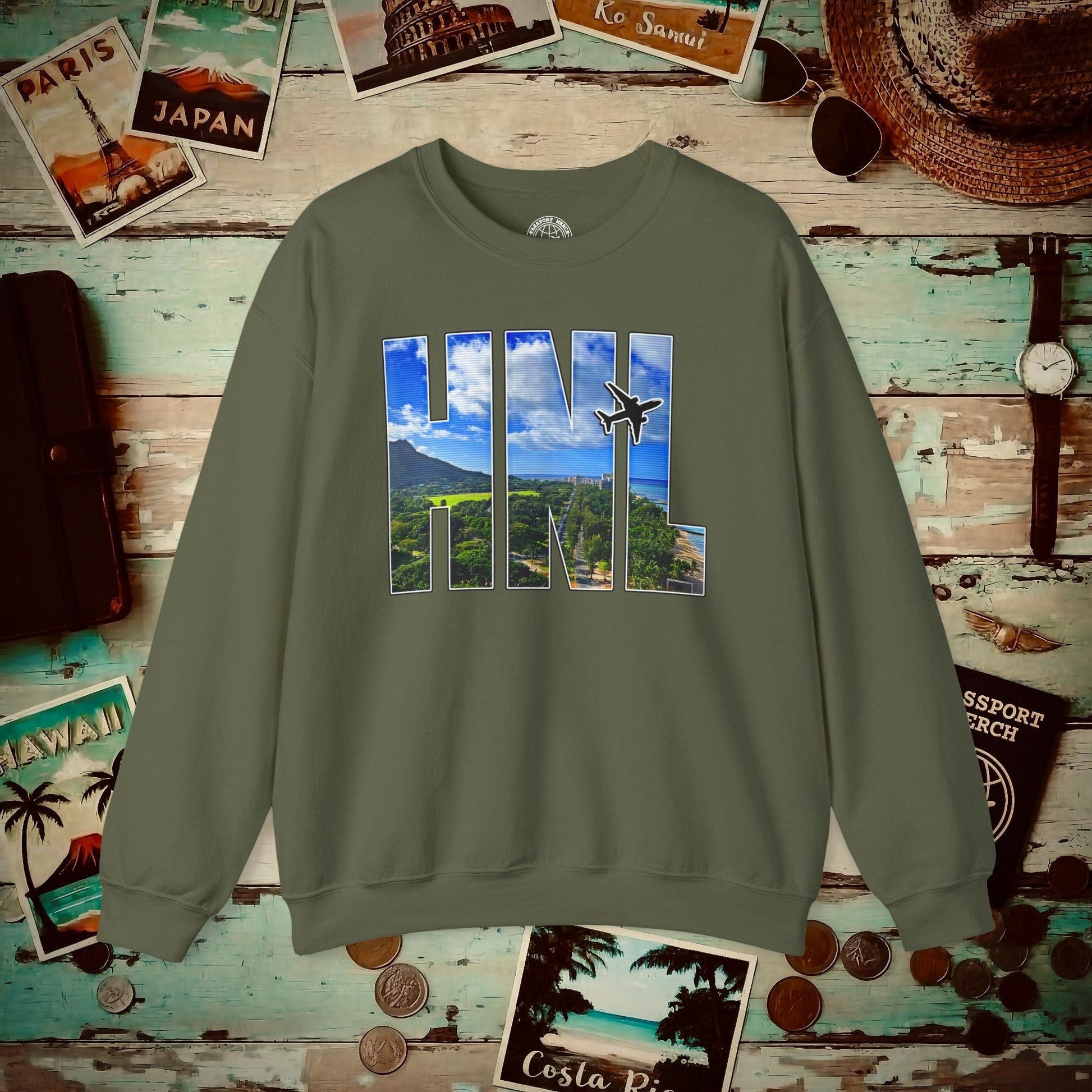 Airport Window Honolulu Oahu Hawaii HNL Crewneck Military Green / S