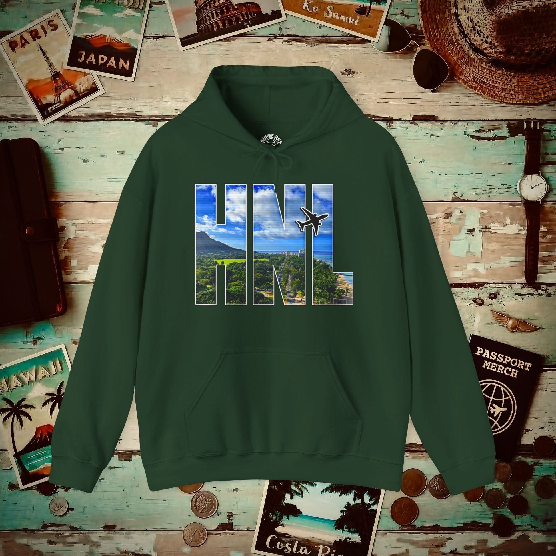 Airport Window Honolulu Oahu Hawaii HNL Hoodie Forest Green / S