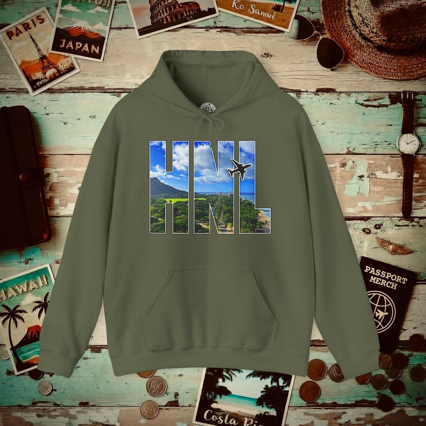 Airport Window Honolulu Oahu Hawaii HNL Hoodie Military Green / S
