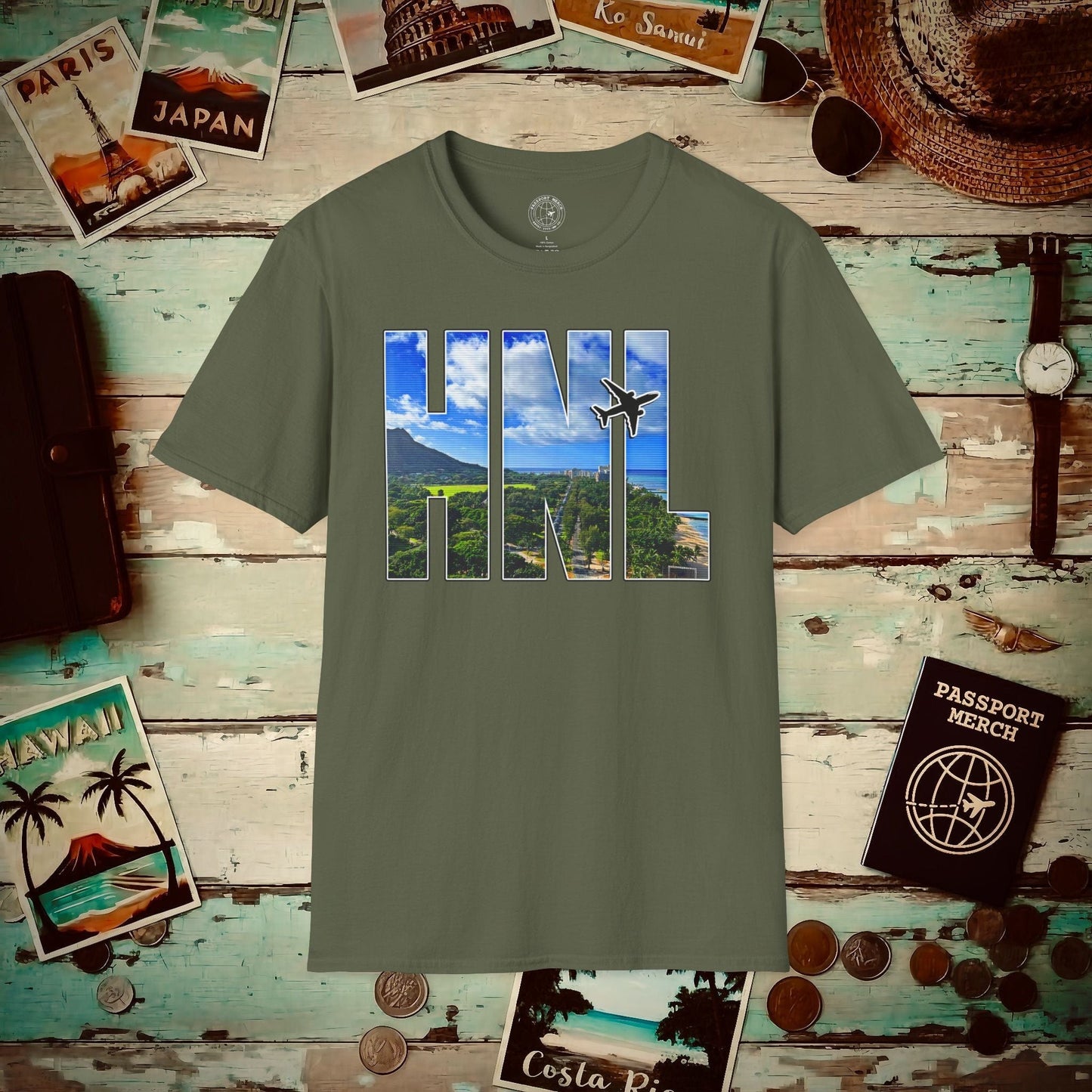 Airport Window Honolulu Oahu Hawaii HNL T-Shirt Military Green / S