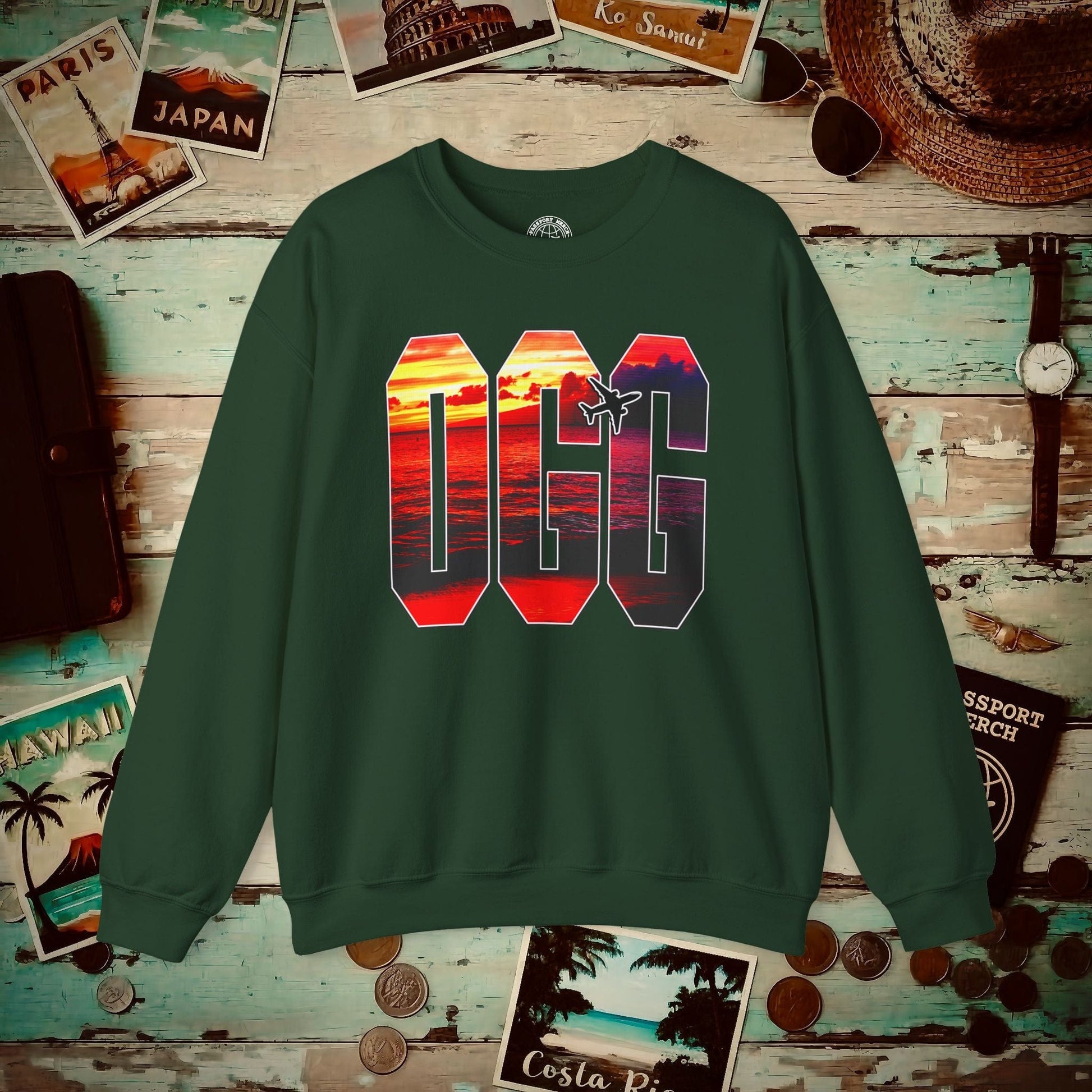 Airport Window Kahului Maui Hawaii OGG Crewneck Forest Green / S
