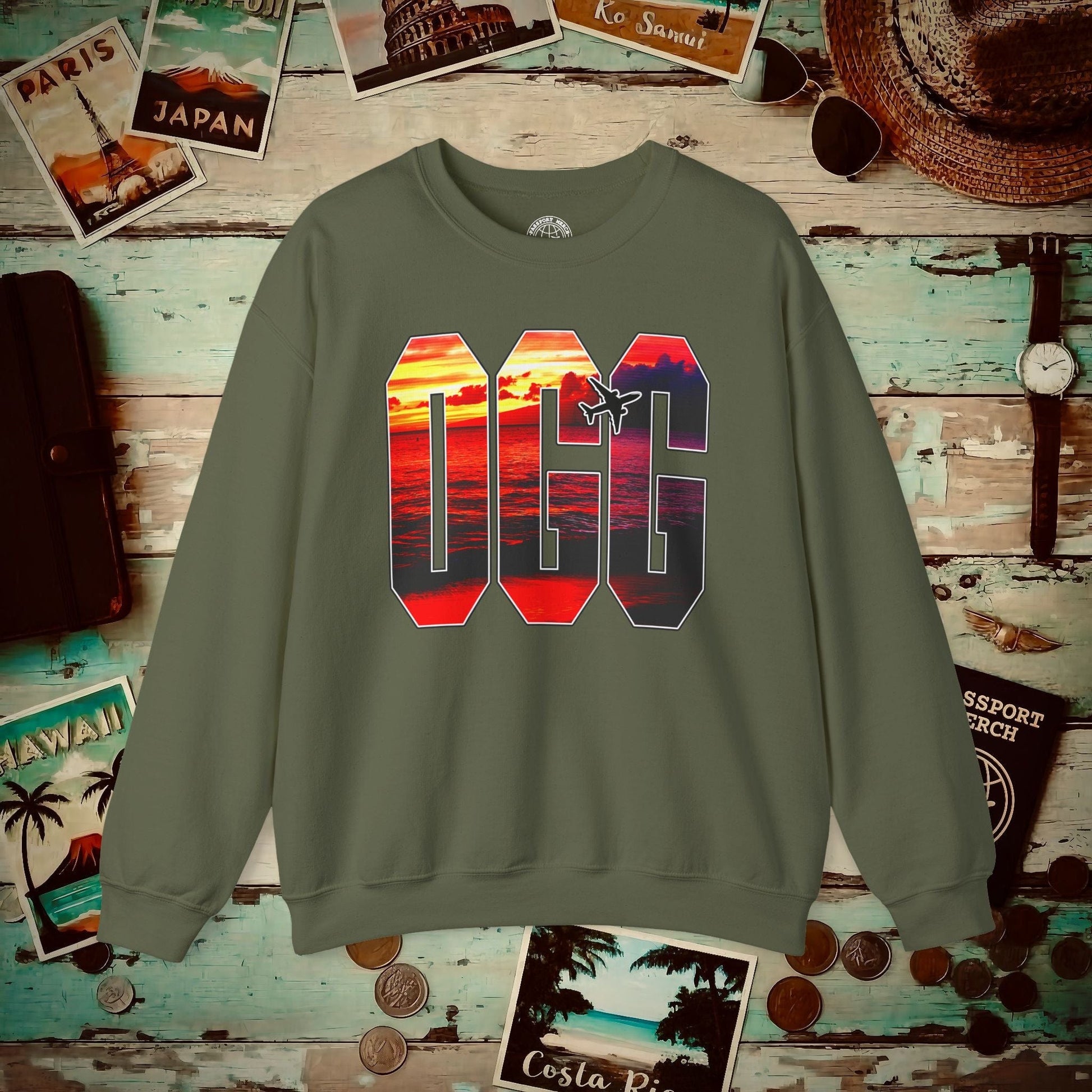 Airport Window Kahului Maui Hawaii OGG Crewneck Military Green / S