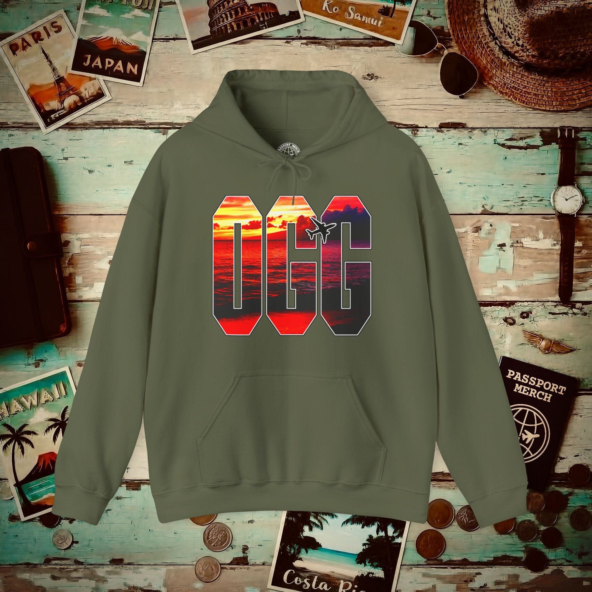 Airport Window Kahului Maui Hawaii OGG Hoodie Military Green / S