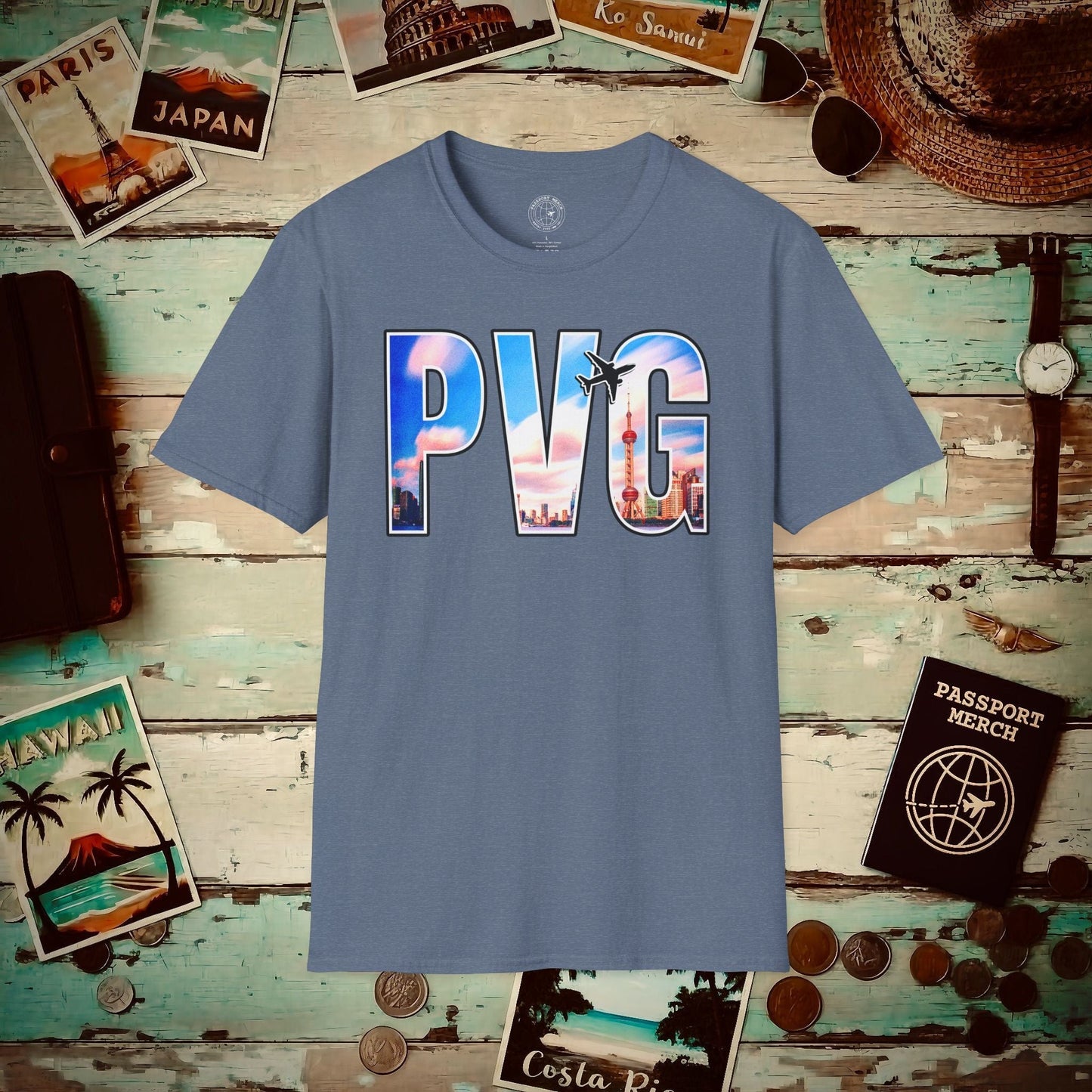 Airport Window Shanghai China PVG T-Shirt Heather Indigo / S