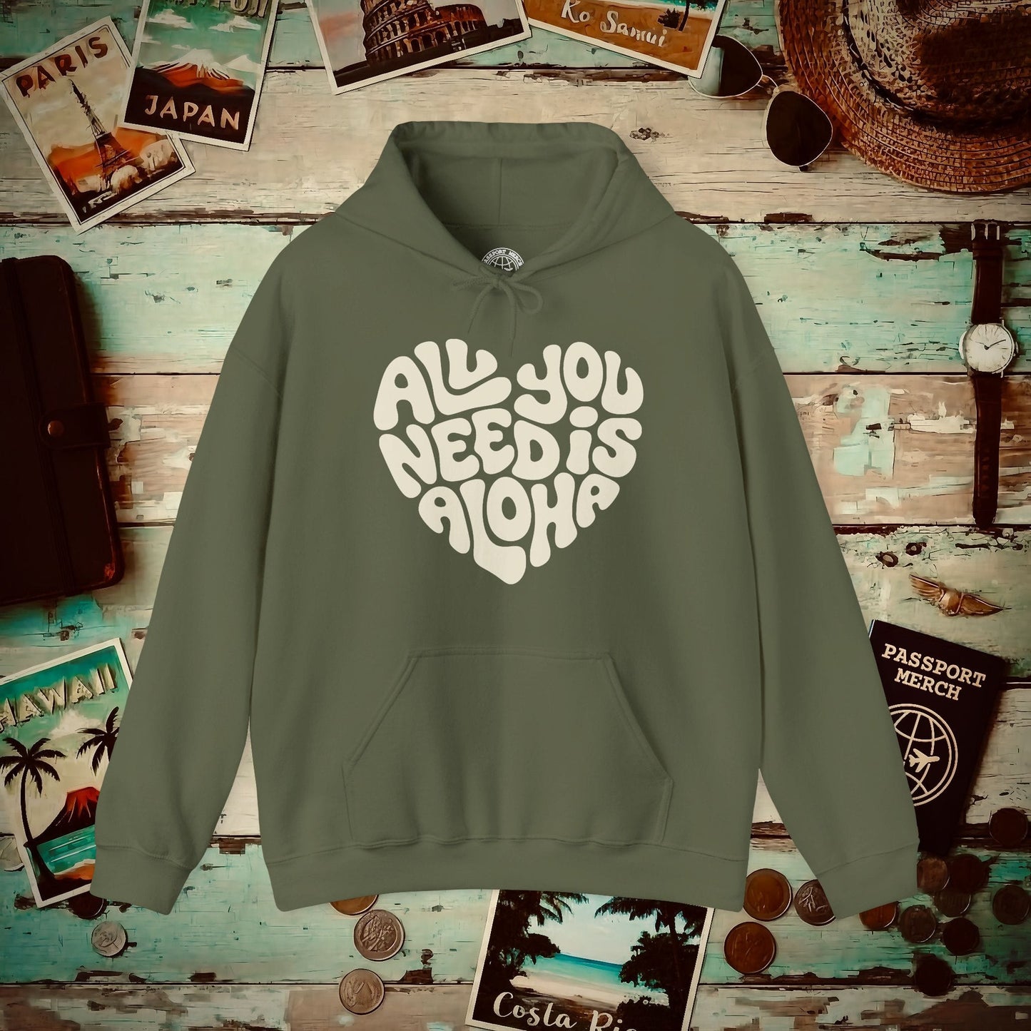 All You Need Is Aloha, Hawaii Hoodie Military Green / S