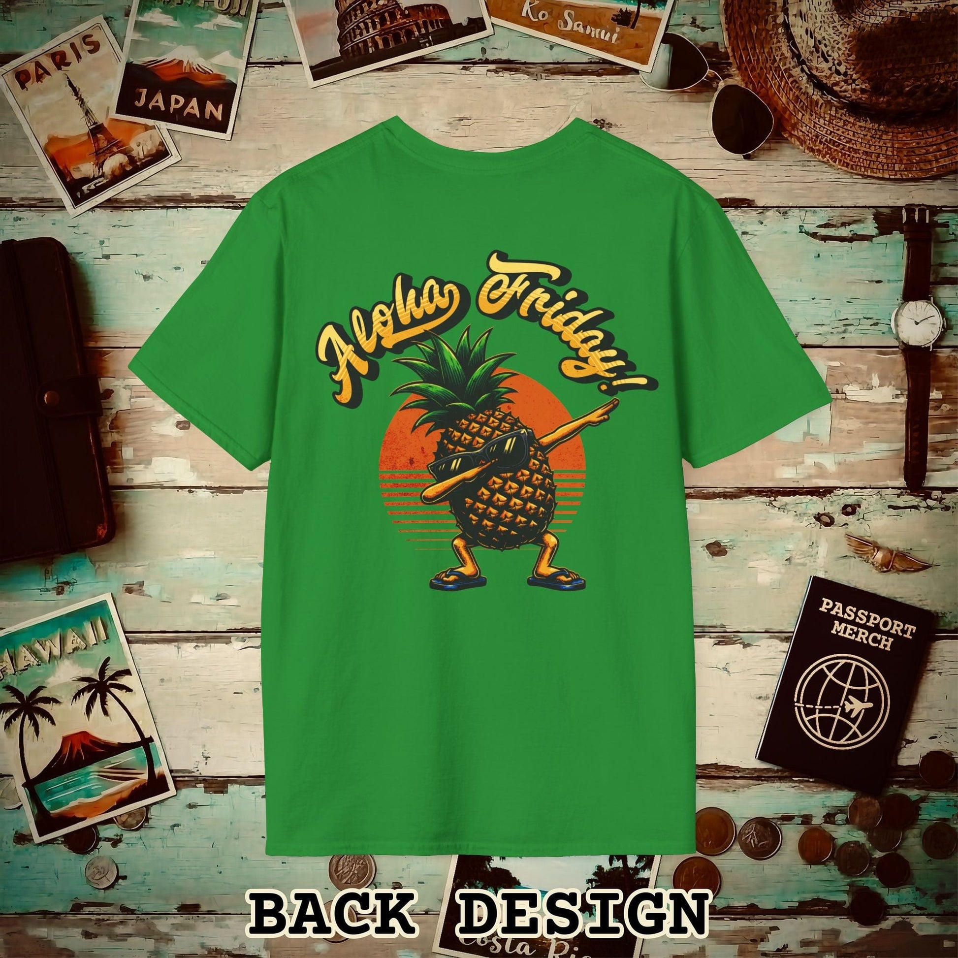 Aloha Friday Dabbing Pineapple Hawaii, Back Print T-Shirt Irish Green / S
