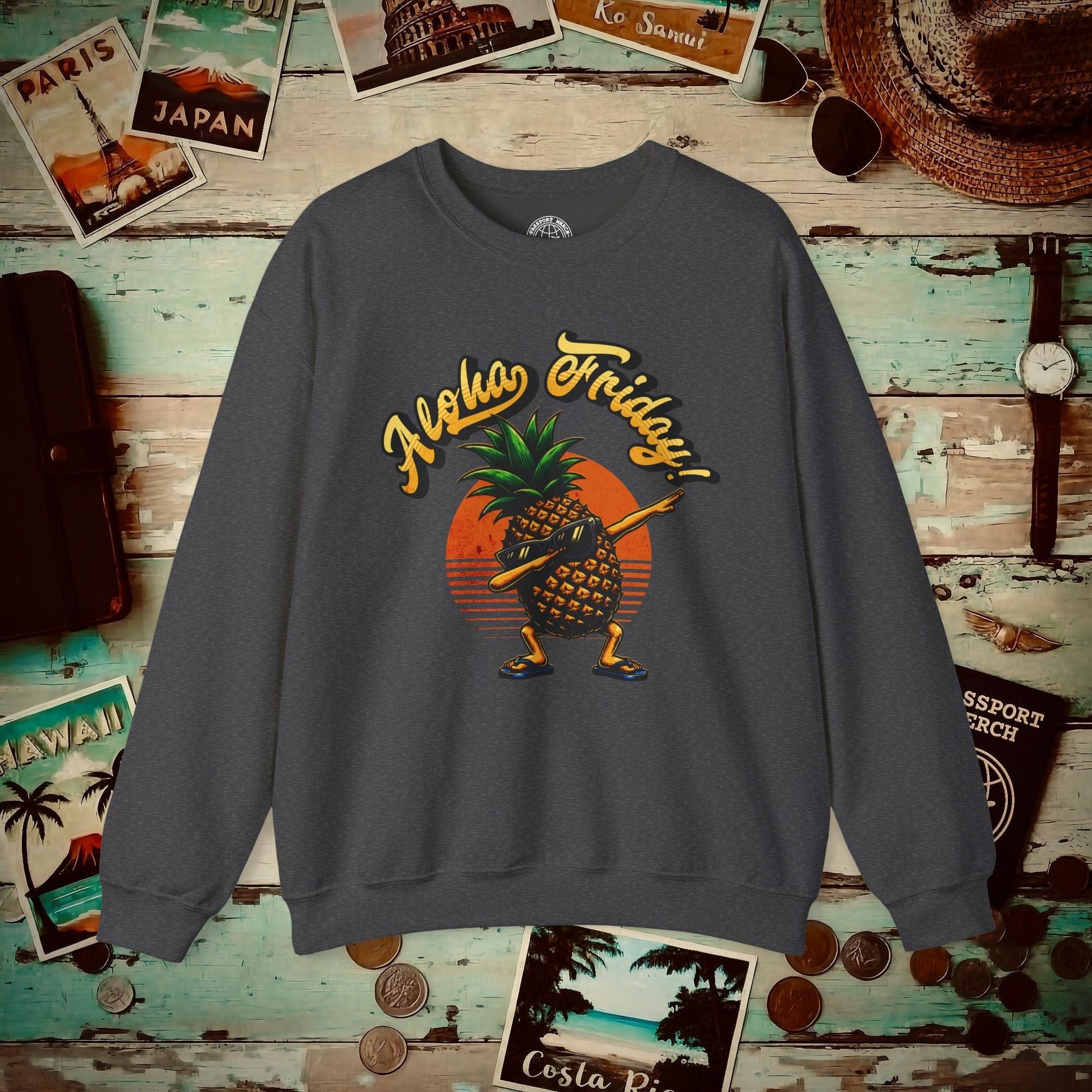 Aloha Friday Dabbing Pineapple Hawaii Crewneck Dark Heather / S