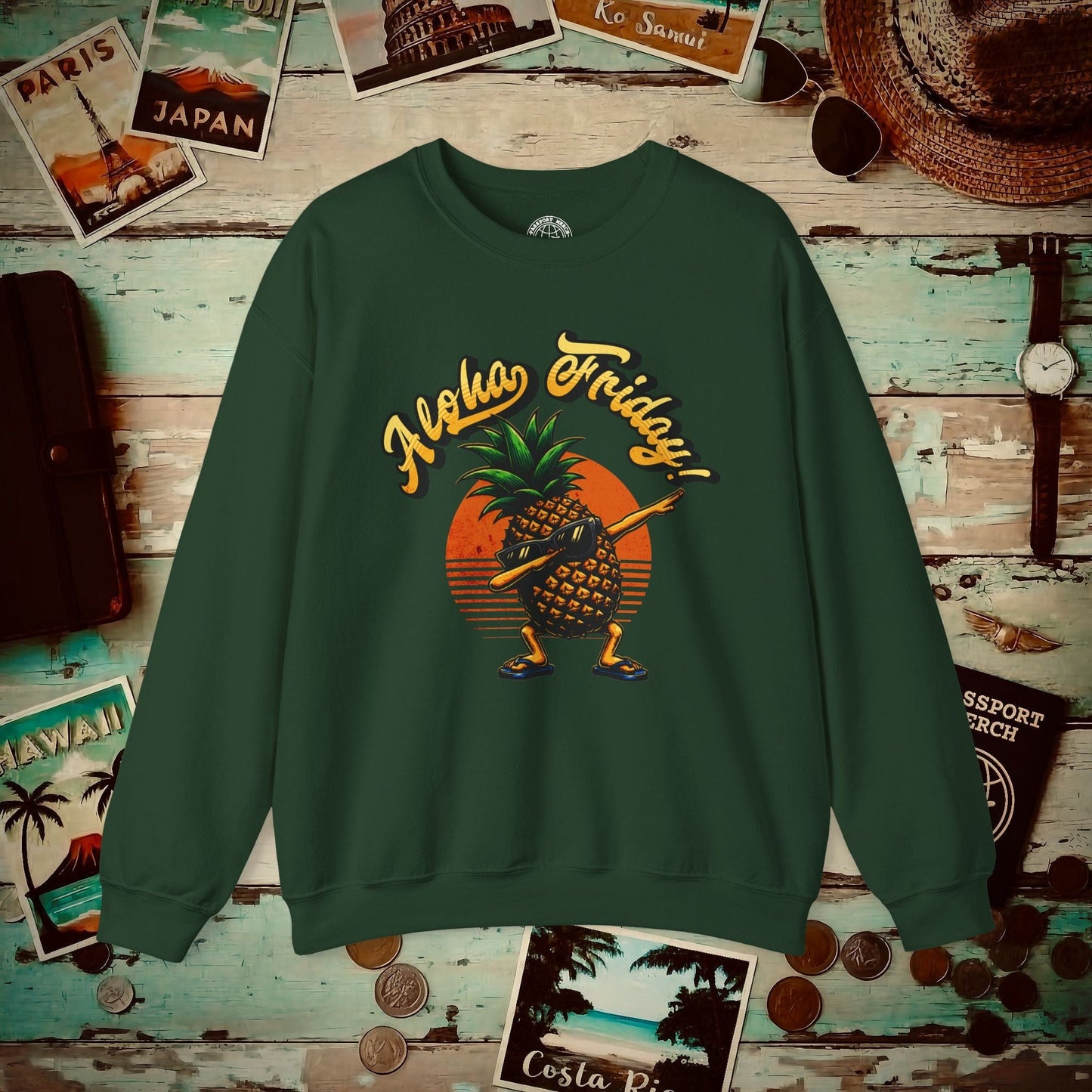 Aloha Friday Dabbing Pineapple Hawaii Crewneck Forest Green / S