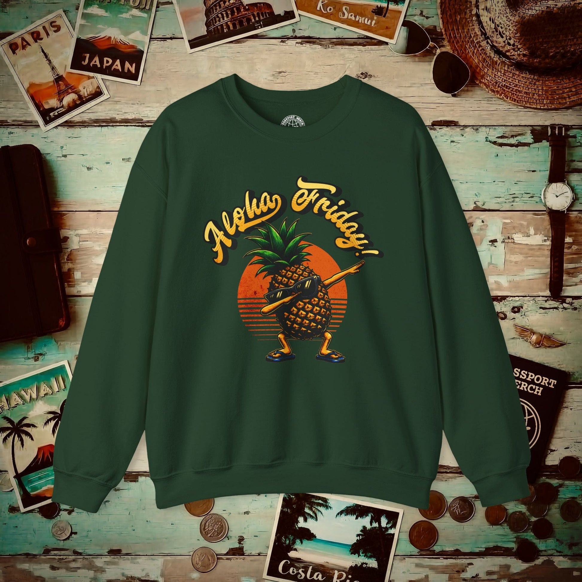 Aloha Friday Dabbing Pineapple Hawaii Crewneck Forest Green / S