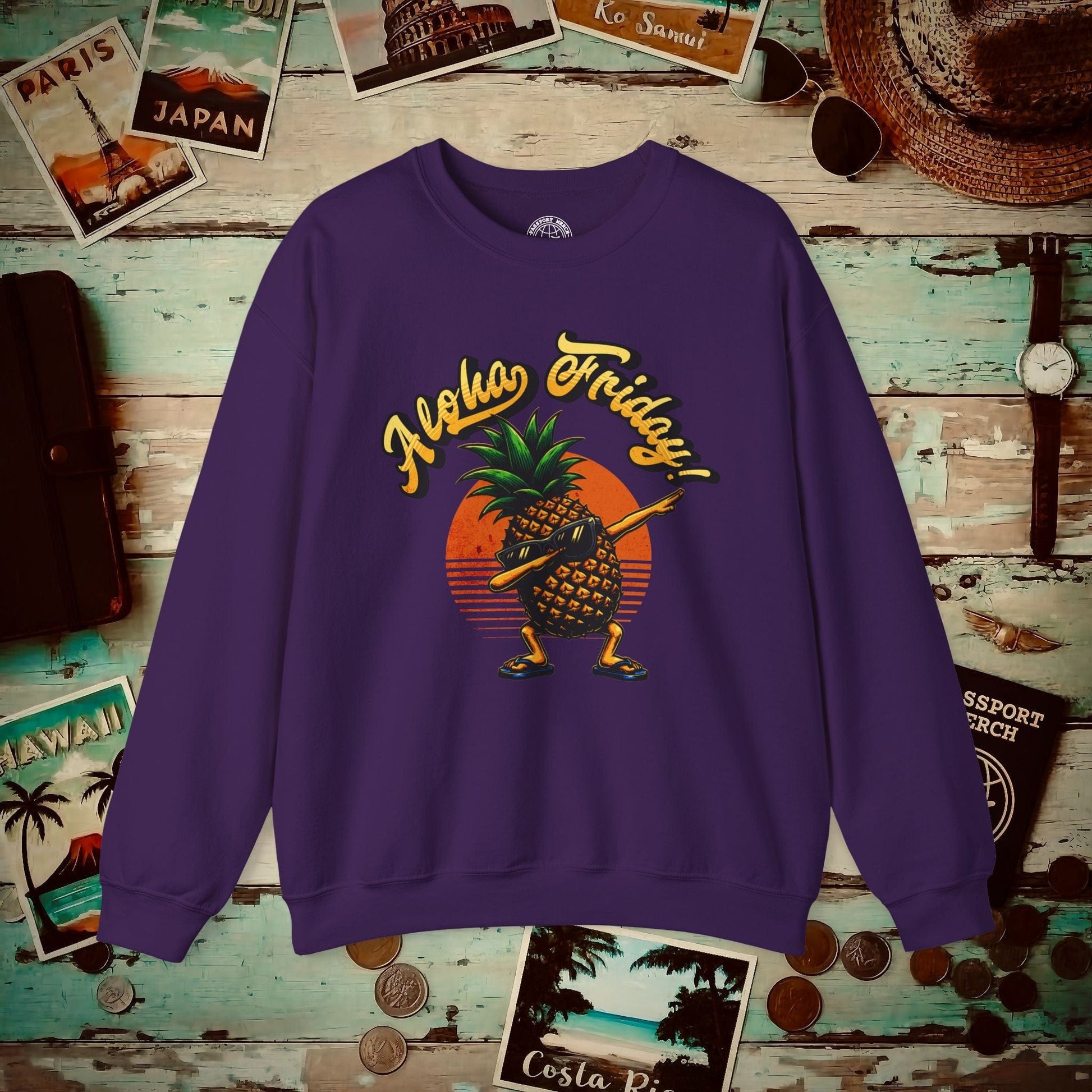 Aloha Friday Dabbing Pineapple Hawaii Crewneck Purple / S