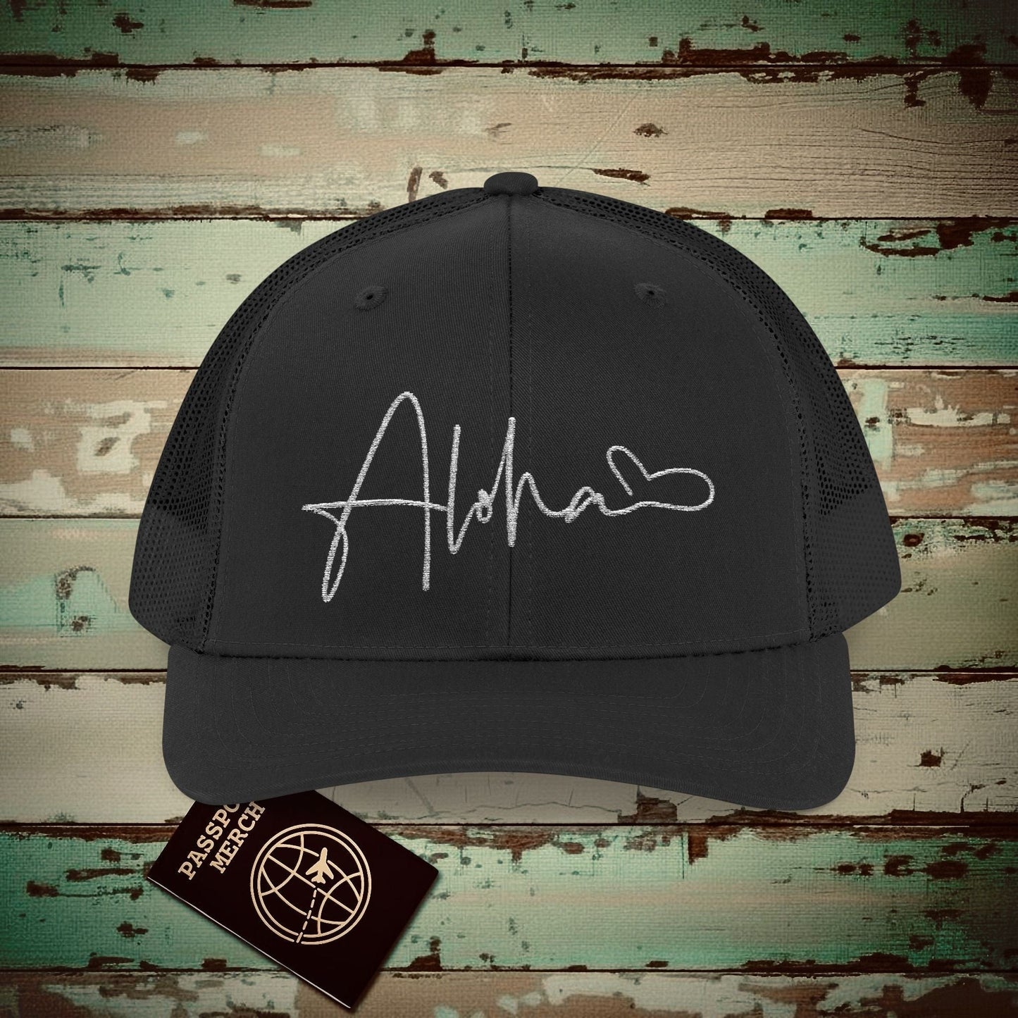 Aloha Heart Signature, Hawaii Embroidered Trucker Hat Black / One size