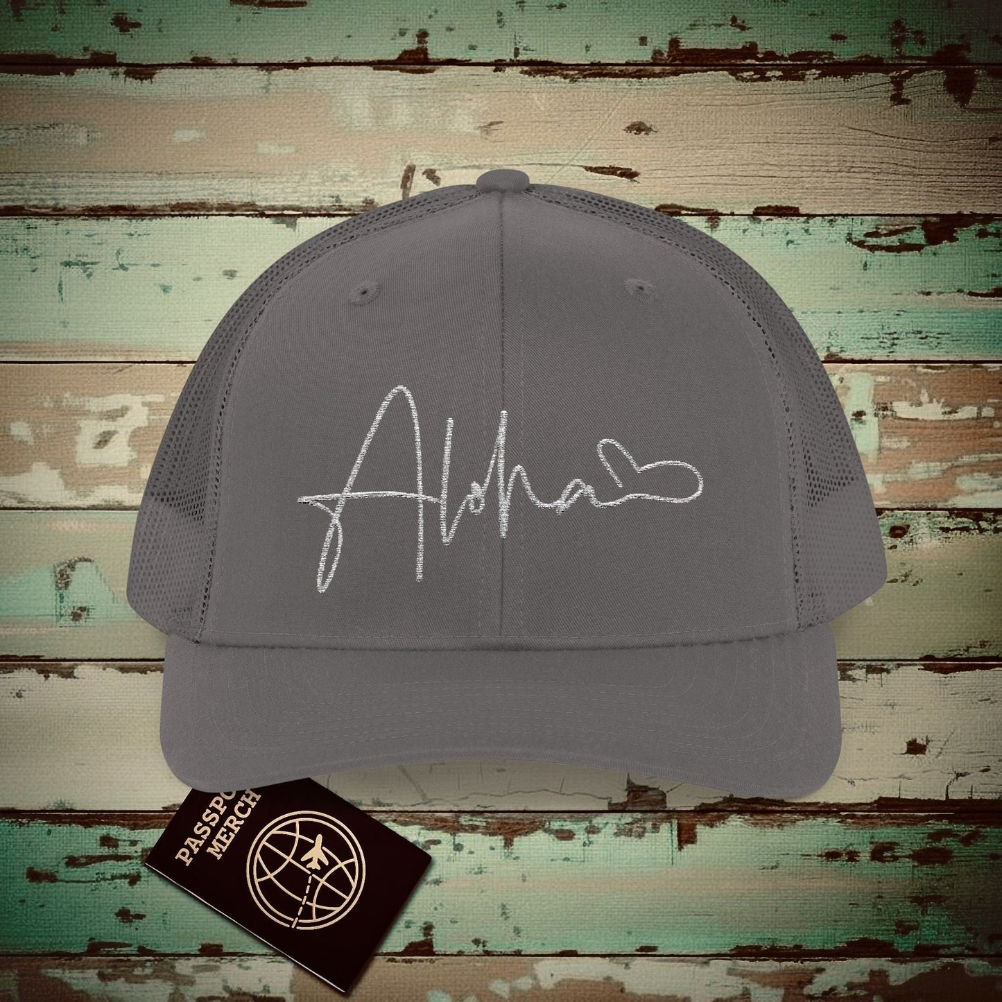 Aloha Heart Signature, Hawaii Embroidered Trucker Hat Charcoal / One size