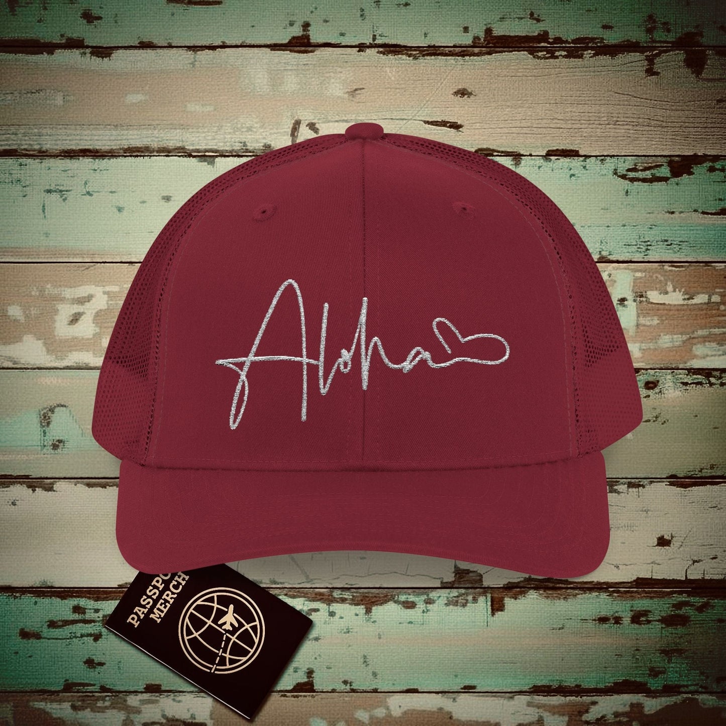 Aloha Heart Signature, Hawaii Embroidered Trucker Hat Cranberry / One size