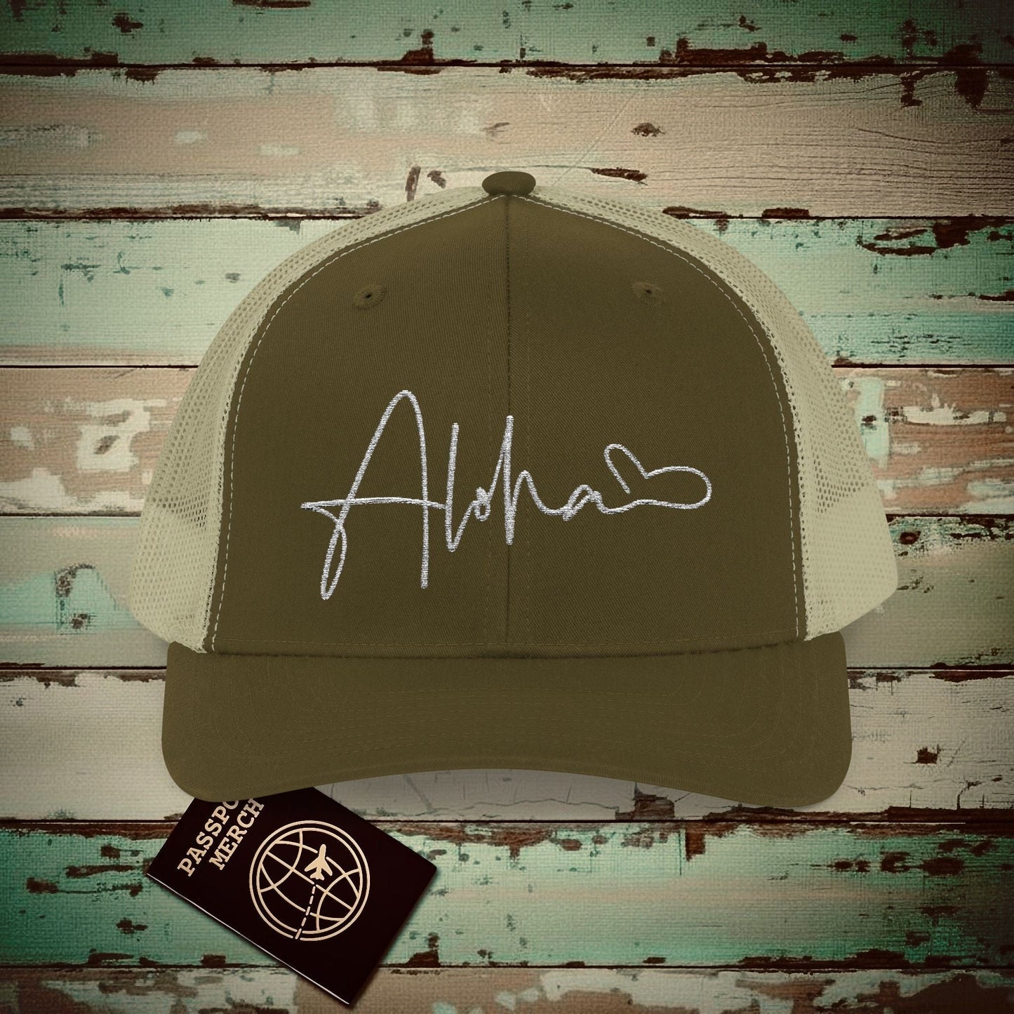 Aloha Heart Signature, Hawaii Embroidered Trucker Hat Moss / Khaki / One size
