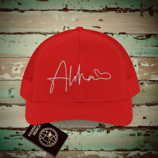 Aloha Heart Signature, Hawaii Embroidered Trucker Hat Red / One size