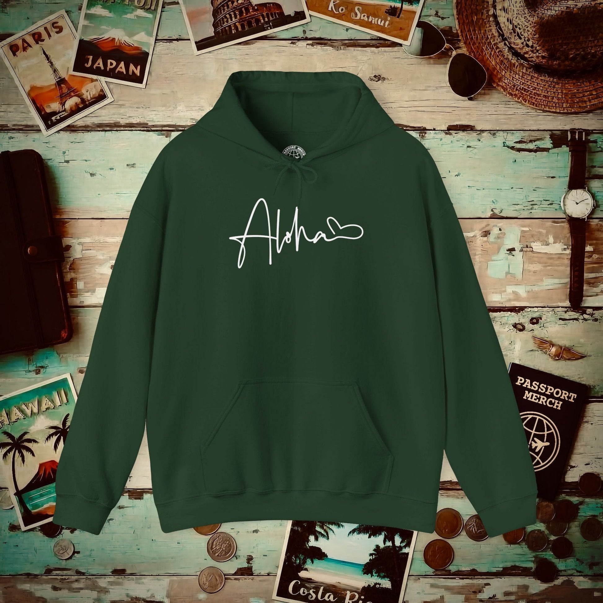 Aloha Heart Signature, Hawaii Hoodie Forest Green / S