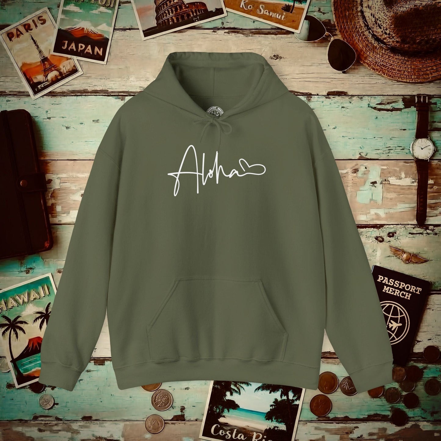 Aloha Heart Signature, Hawaii Hoodie Military Green / S