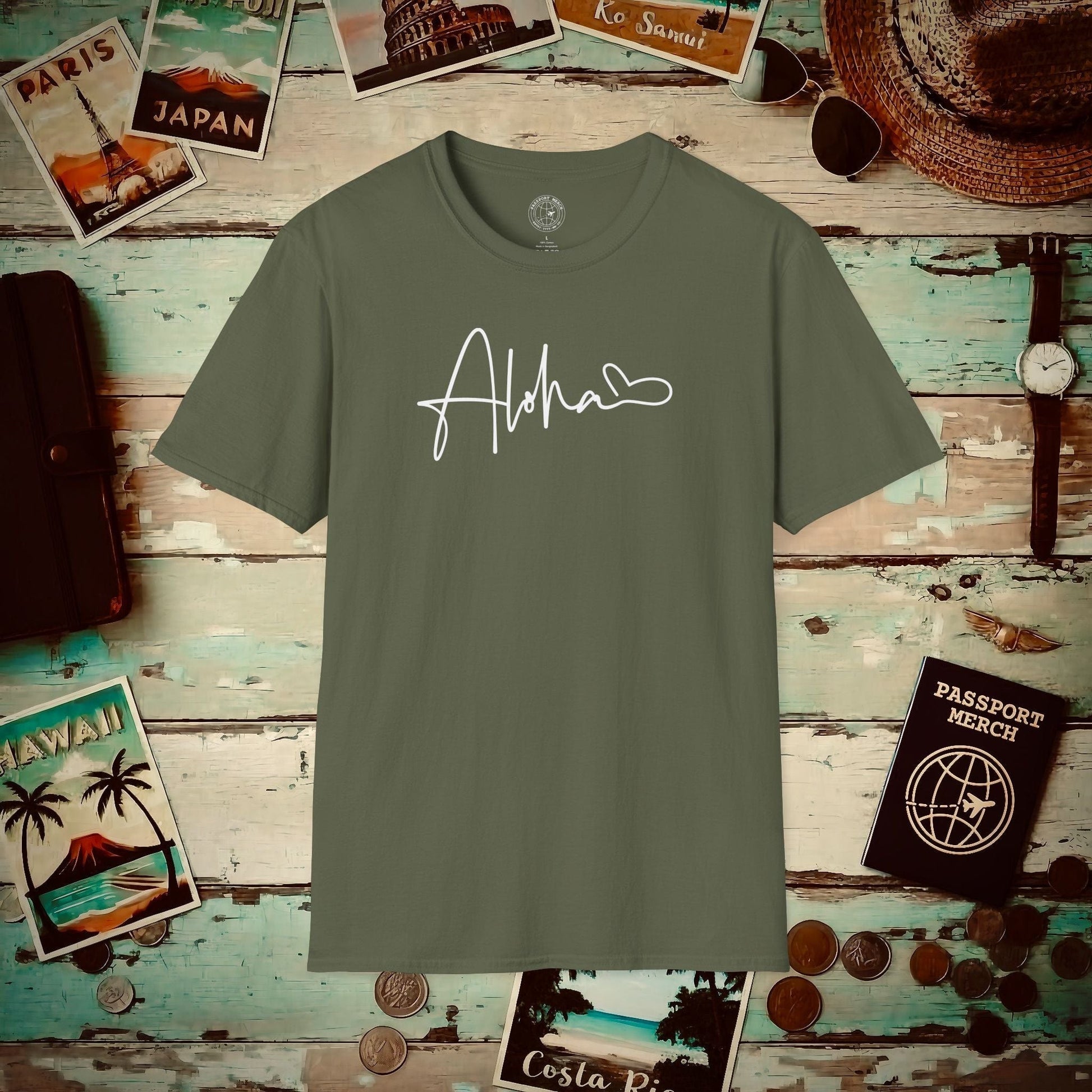 Aloha Heart Signature, Hawaii T-Shirt Military Green / S