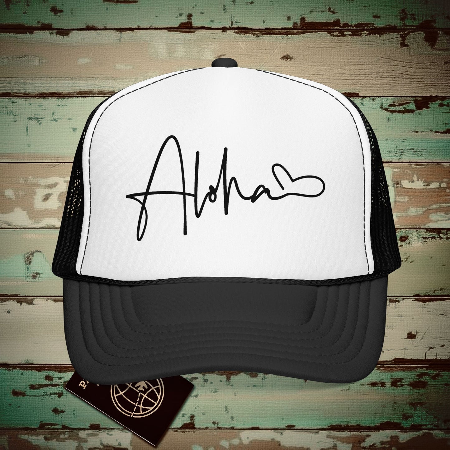 Aloha Heart Signature, Hawaii Trucker Hat Black/White / One size