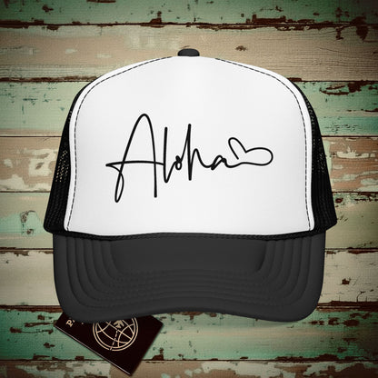 Aloha Heart Signature, Hawaii Trucker Hat Black/White / One size
