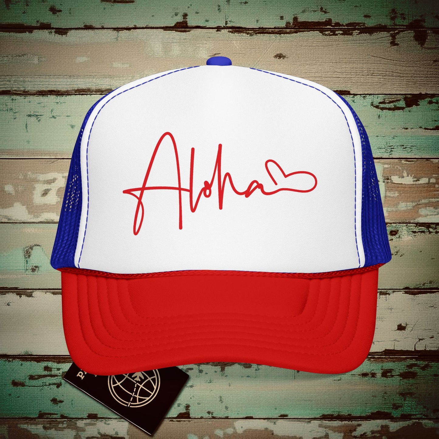 Aloha Heart Signature, Hawaii Trucker Hat Red / White / Royal / One size