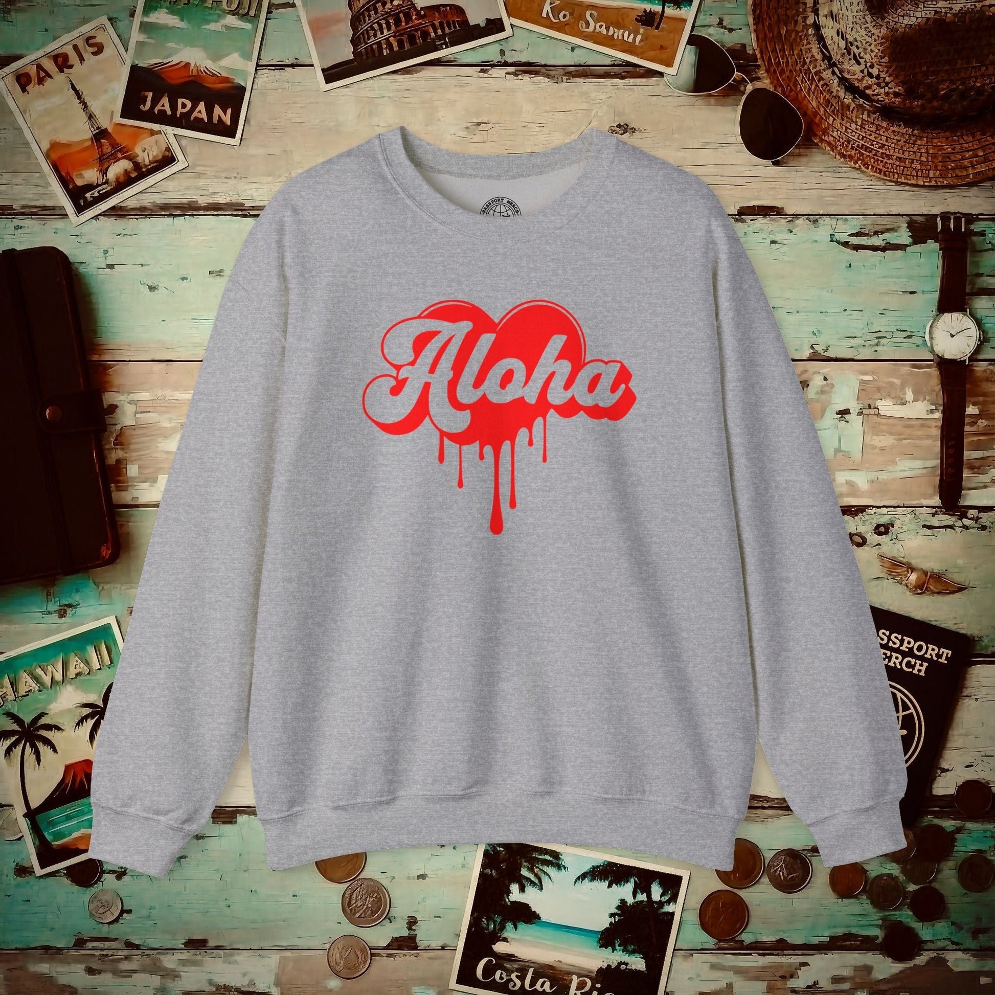 Aloha Melting Heart, Hawaii Crewneck Sport Grey / S
