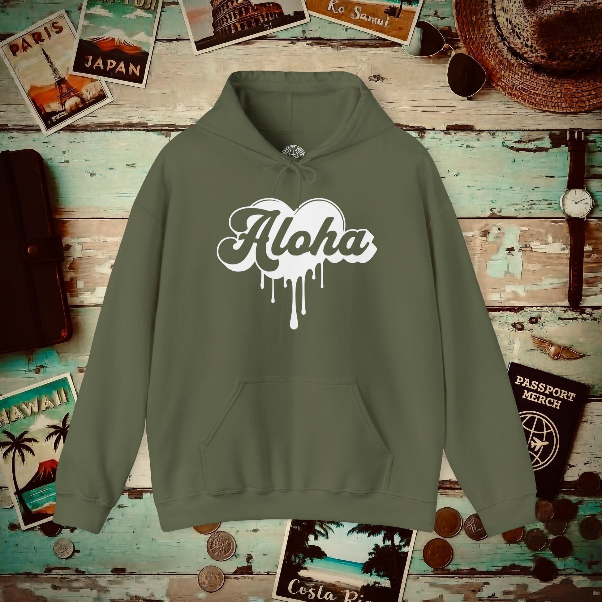 Aloha Melting Heart, Hawaii Hoodie Military Green / S