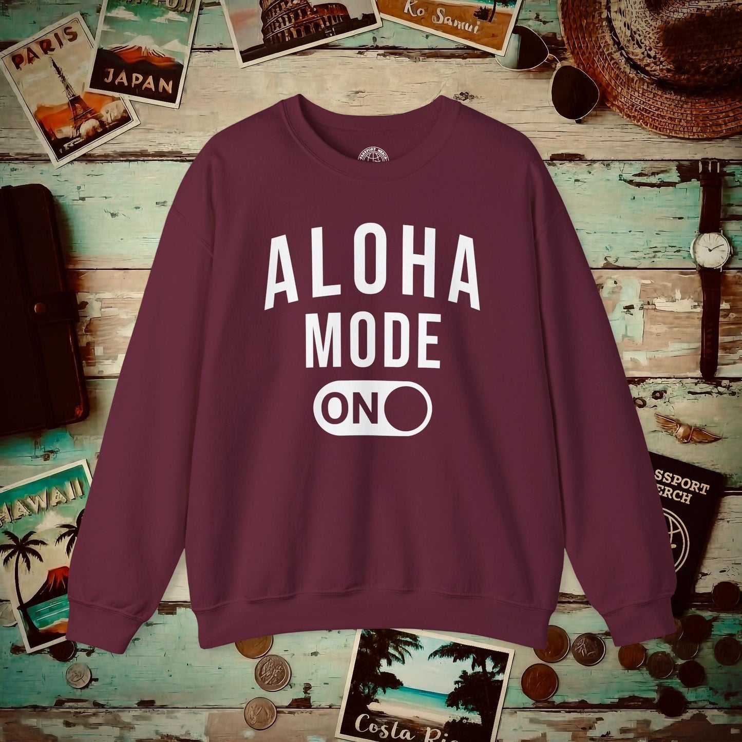 Aloha Mode ON, Hawaii Crewneck Maroon / S