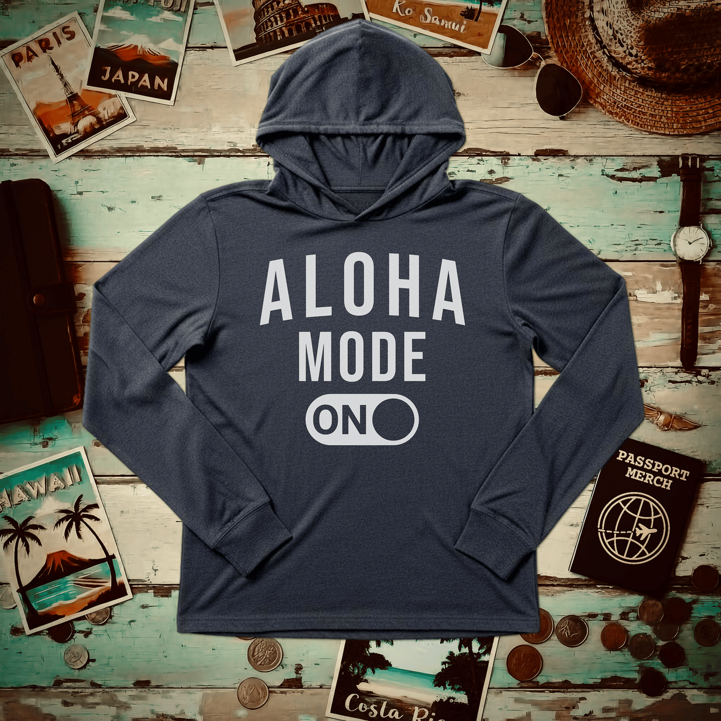Aloha Mode ON, Hawaii Hooded Long Sleeve Heather Navy / XS