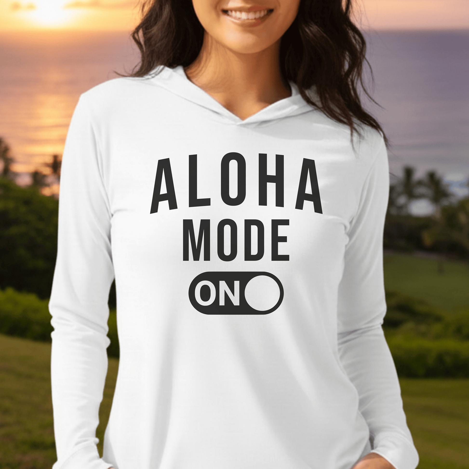 Aloha Mode ON, Hawaii Hooded Long Sleeve White / XS