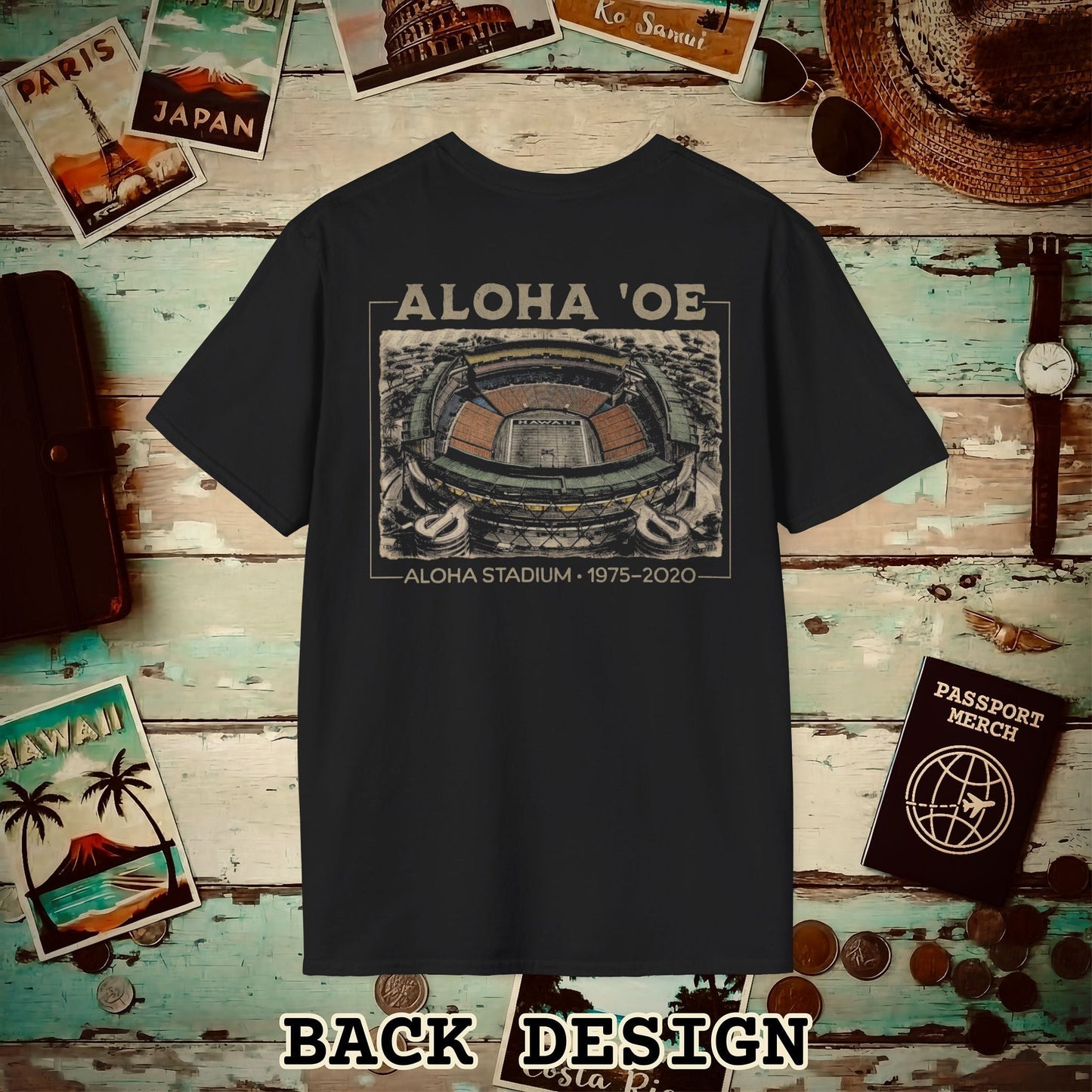 Aloha Oe, Stadium Aerial Sketch, Hawaii Back Print T-Shirt Black / S