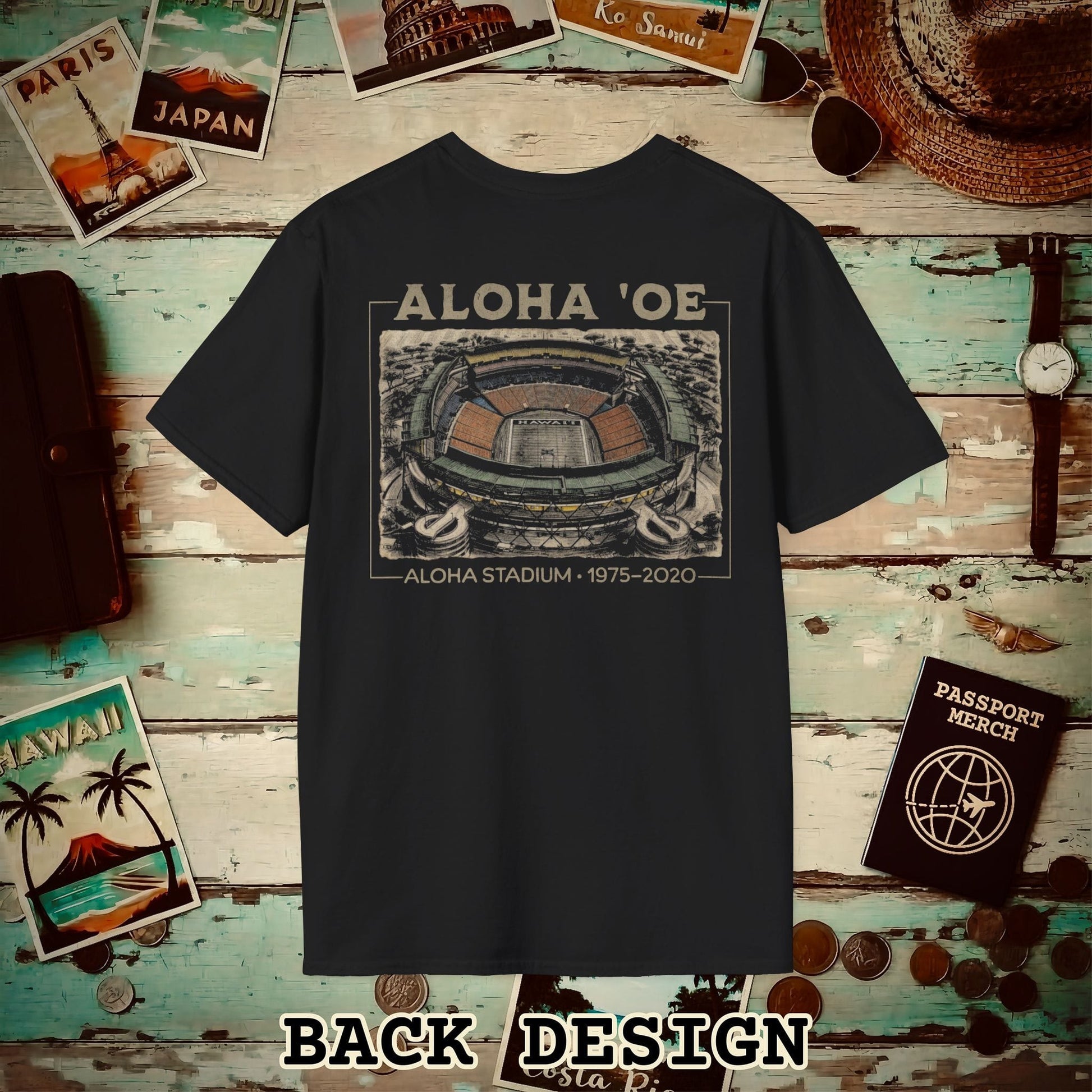 Aloha Oe, Stadium Aerial Sketch, Hawaii Back Print T-Shirt Black / S