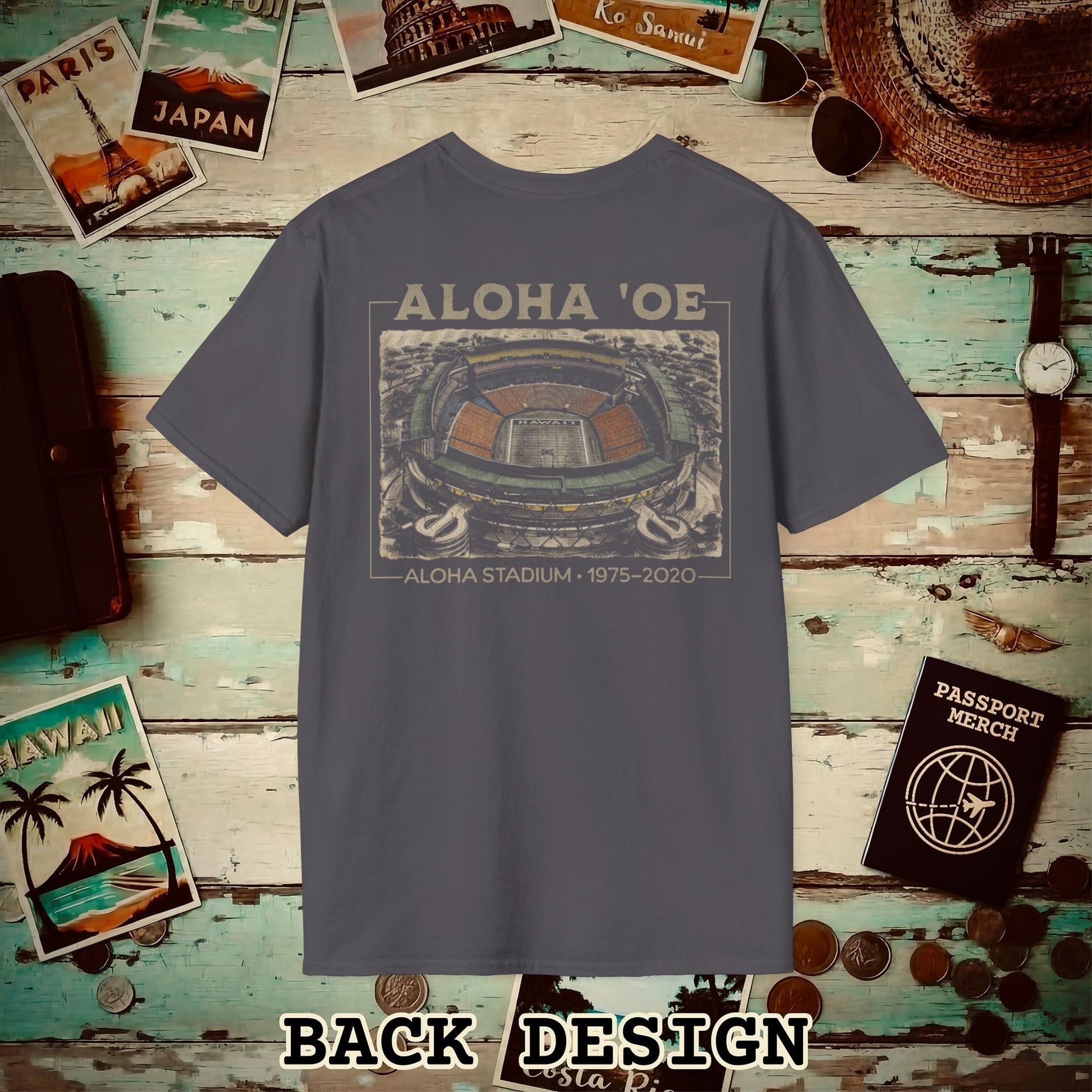 Aloha Oe, Stadium Aerial Sketch, Hawaii Back Print T-Shirt Charcoal / S