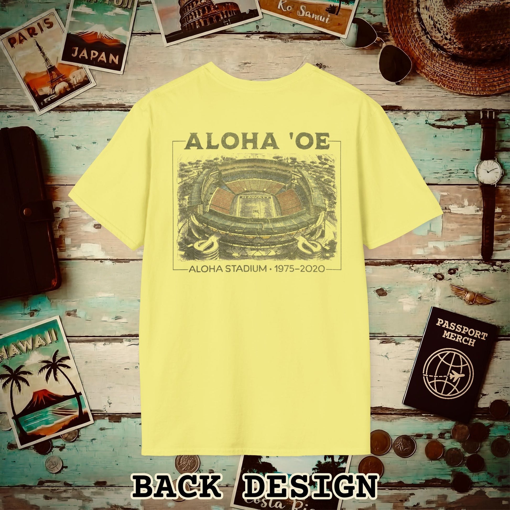 Aloha Oe, Stadium Aerial Sketch, Hawaii Back Print T-Shirt Cornsilk / S