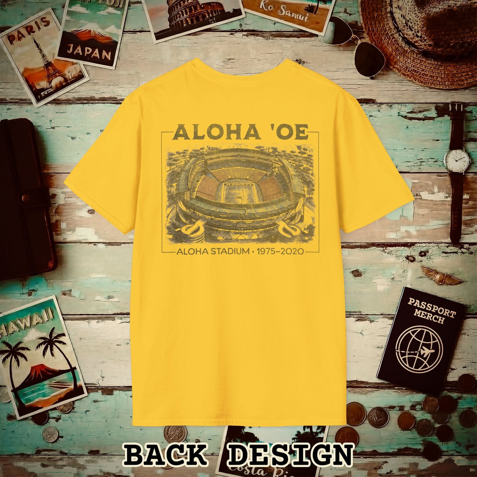 Aloha Oe, Stadium Aerial Sketch, Hawaii Back Print T-Shirt Daisy / S