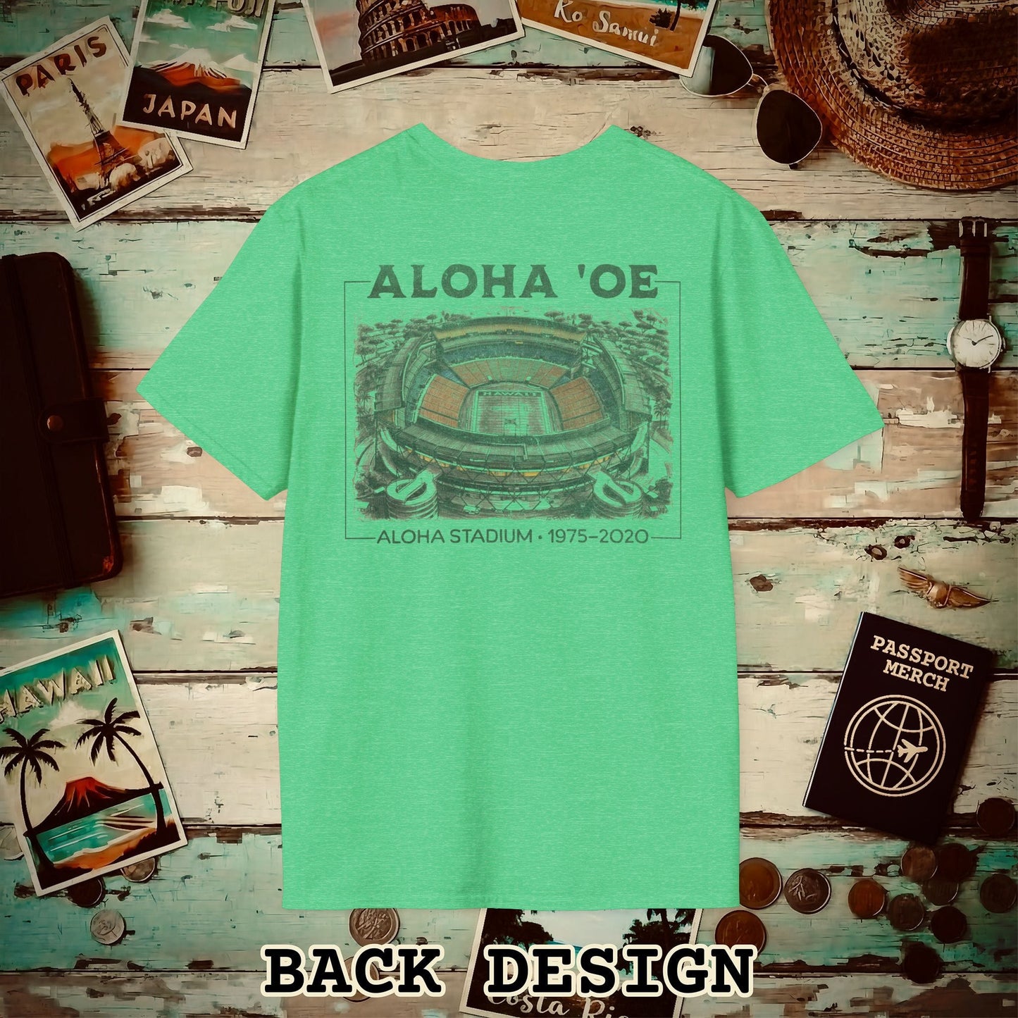 Aloha Oe, Stadium Aerial Sketch, Hawaii Back Print T-Shirt Heather Irish Green / S