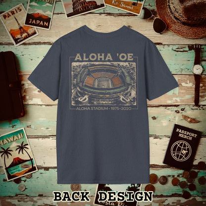 Aloha Oe, Stadium Aerial Sketch, Hawaii Back Print T-Shirt Heather Navy / S