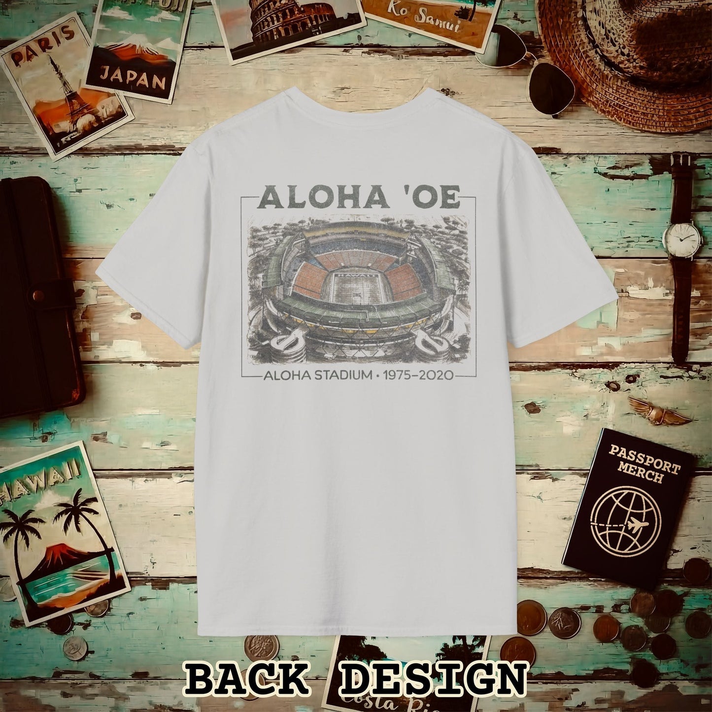 Aloha Oe, Stadium Aerial Sketch, Hawaii Back Print T-Shirt Ice Grey / S