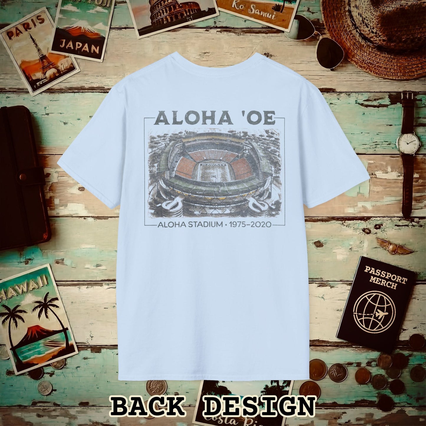 Aloha Oe, Stadium Aerial Sketch, Hawaii Back Print T-Shirt Light Blue / S