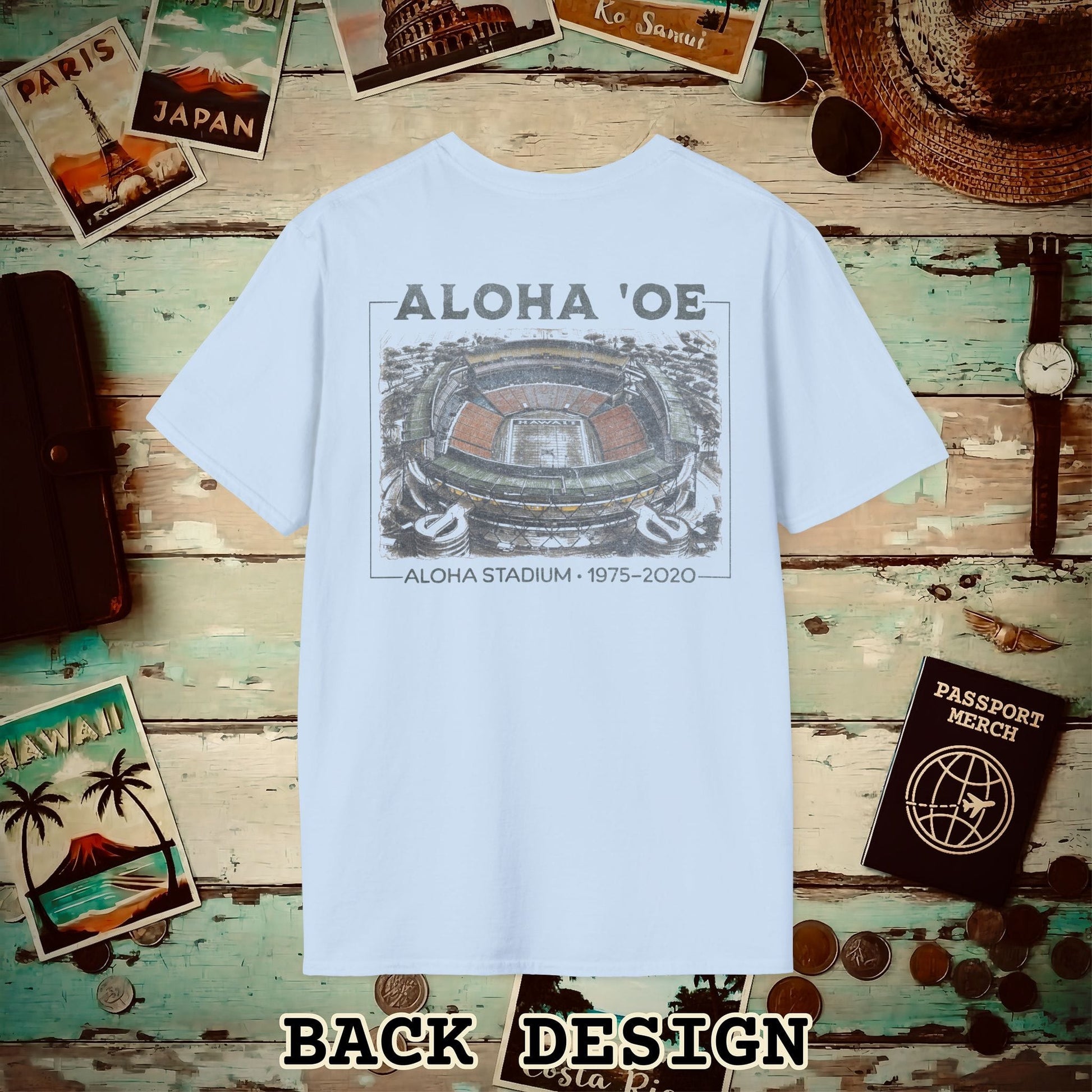 Aloha Oe, Stadium Aerial Sketch, Hawaii Back Print T-Shirt Light Blue / S
