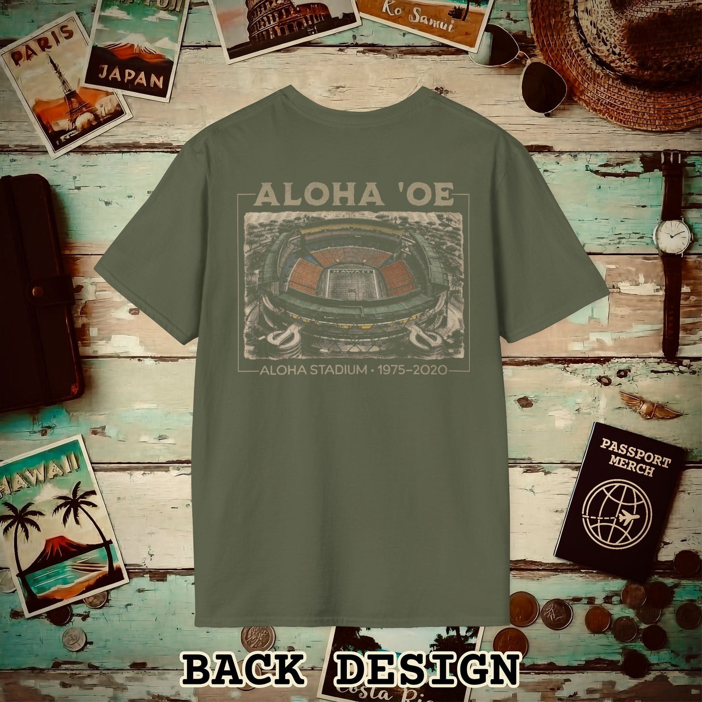 Aloha Oe, Stadium Aerial Sketch, Hawaii Back Print T-Shirt Military Green / S